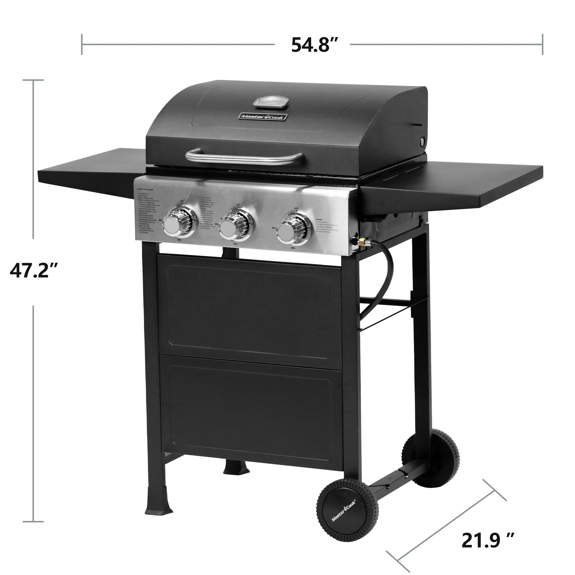 MASTER COOK Propane Gas Grill, 3 Burners Stainless Steel Grill with Foldable Shelves, Black