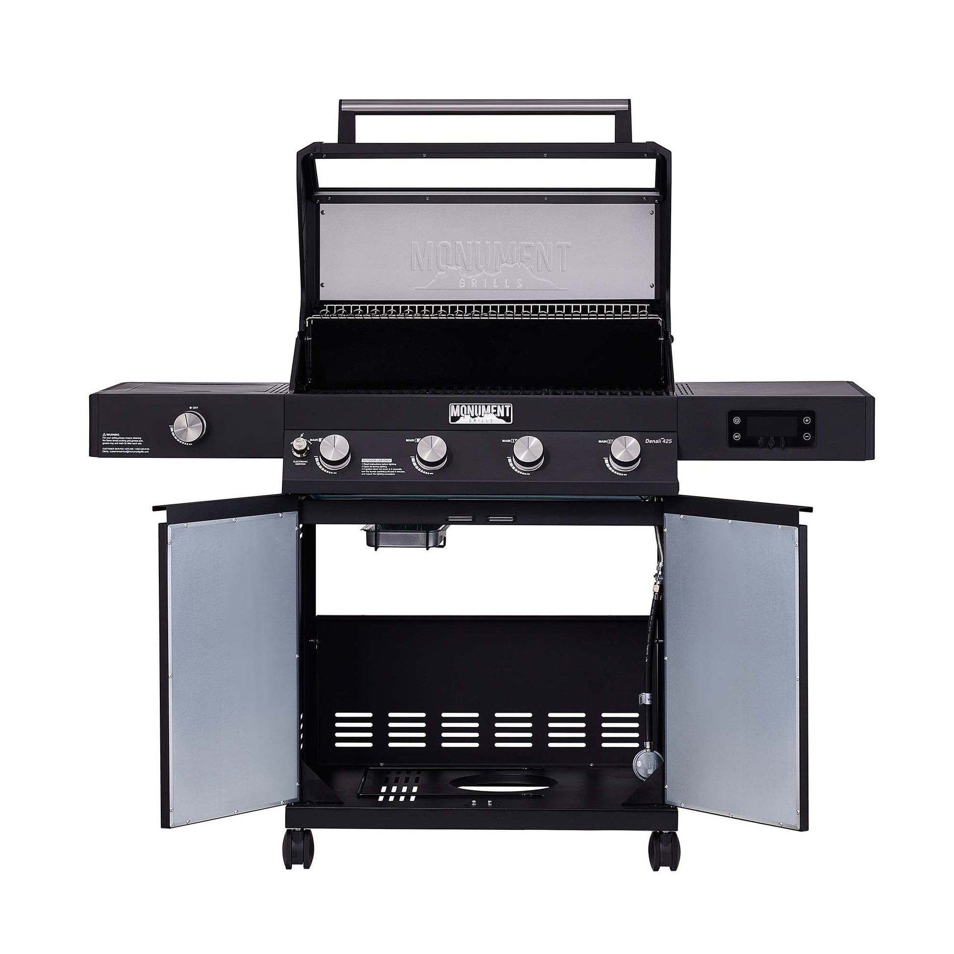 Denali 4-Burner Propane Gas Grill in Black with Clearview Lid, 3-Phase LED Controls and Side Burner