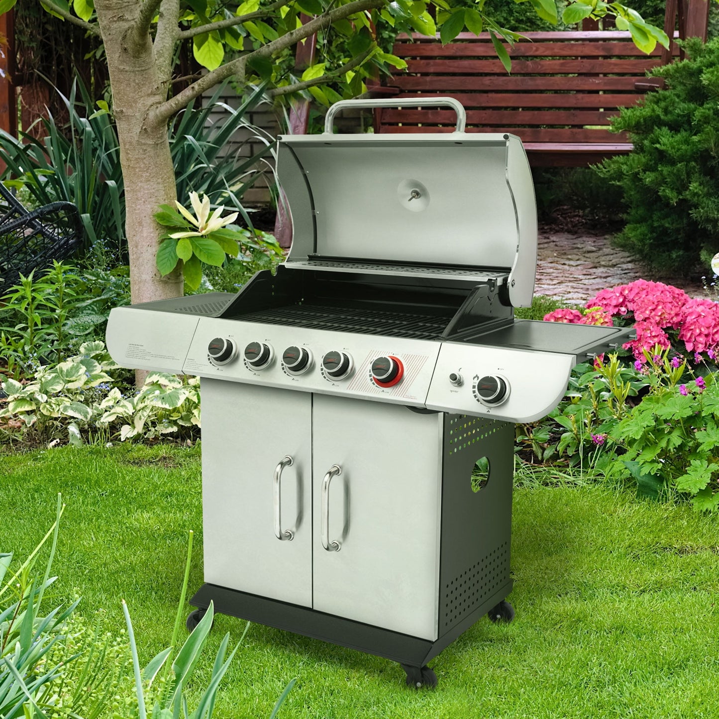 Royal Gourmet SG5002 5-Burner Gas Grill with Sear Burner and Side Burner, Stainless Steel Cabinet Style Gas Grill