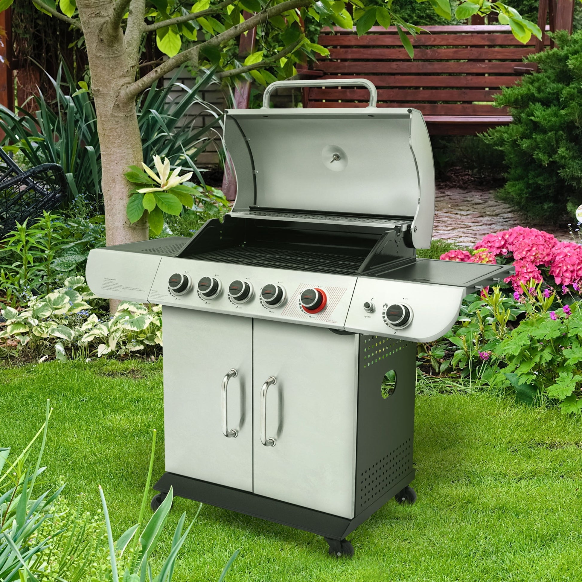 Royal Gourmet SG5002 5-Burner Gas Grill with Sear Burner and Side Burner, Stainless Steel Cabinet Style Gas Grill