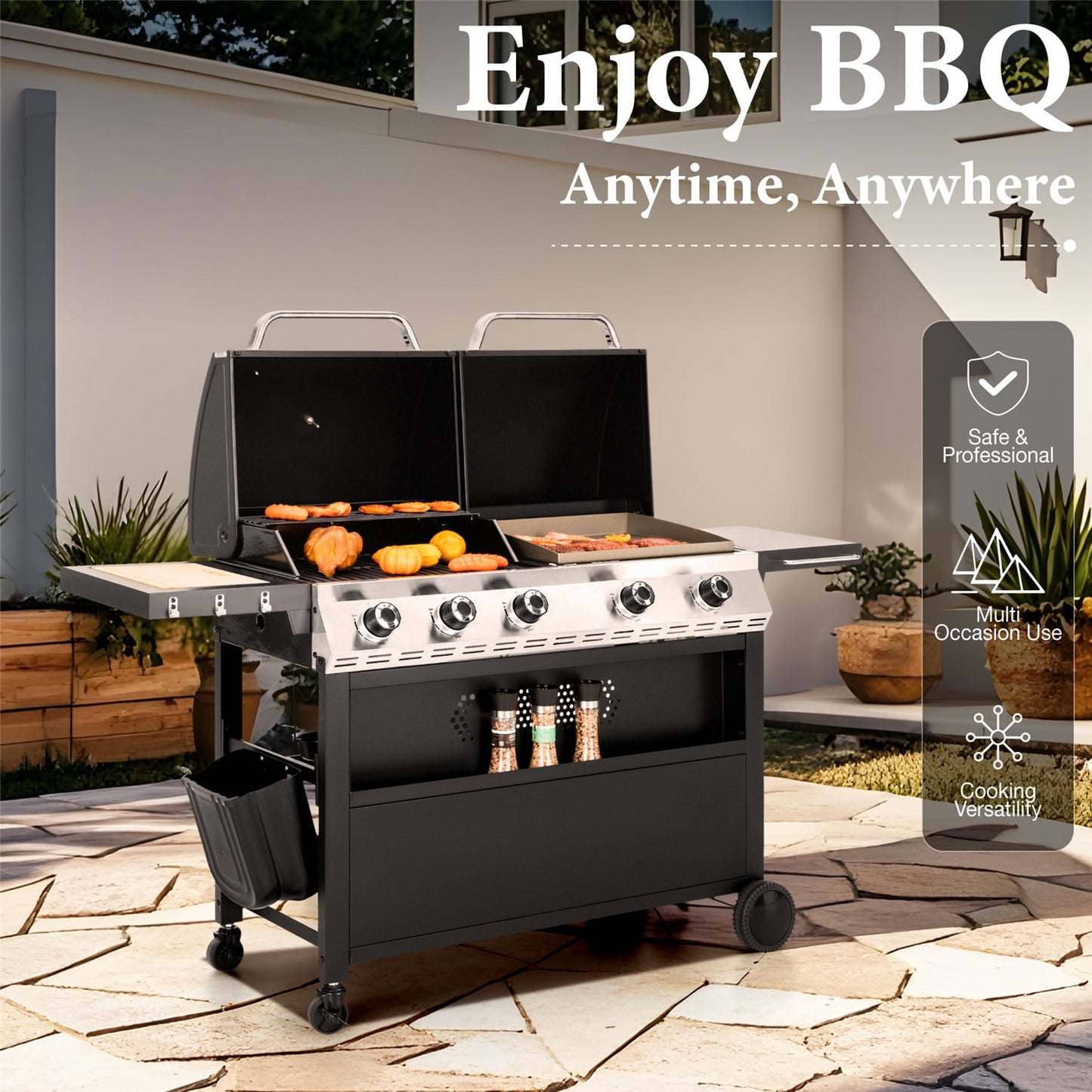 Summit Living 5-Burner Outdoor Propane Gas Grill and Griddle Combo BBQ Grill with Lid 54,000 BUT