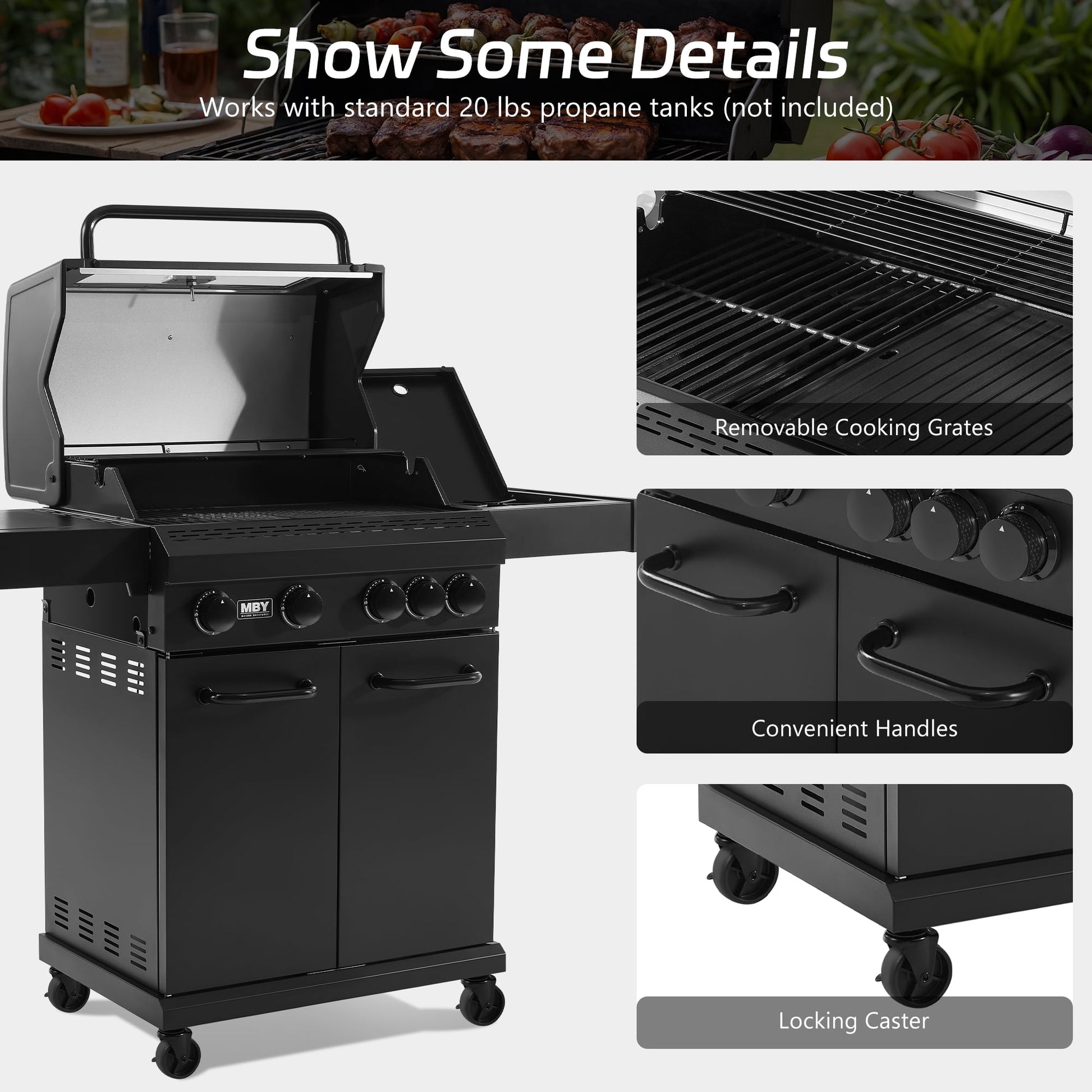 MBY 4-Burner Propane Gas Grill with Side Burner, 50,000 BTU Outdoor BBQ Grill with Cast Iron Grates and Griddle, Heavy Duty for Backyard Cooking