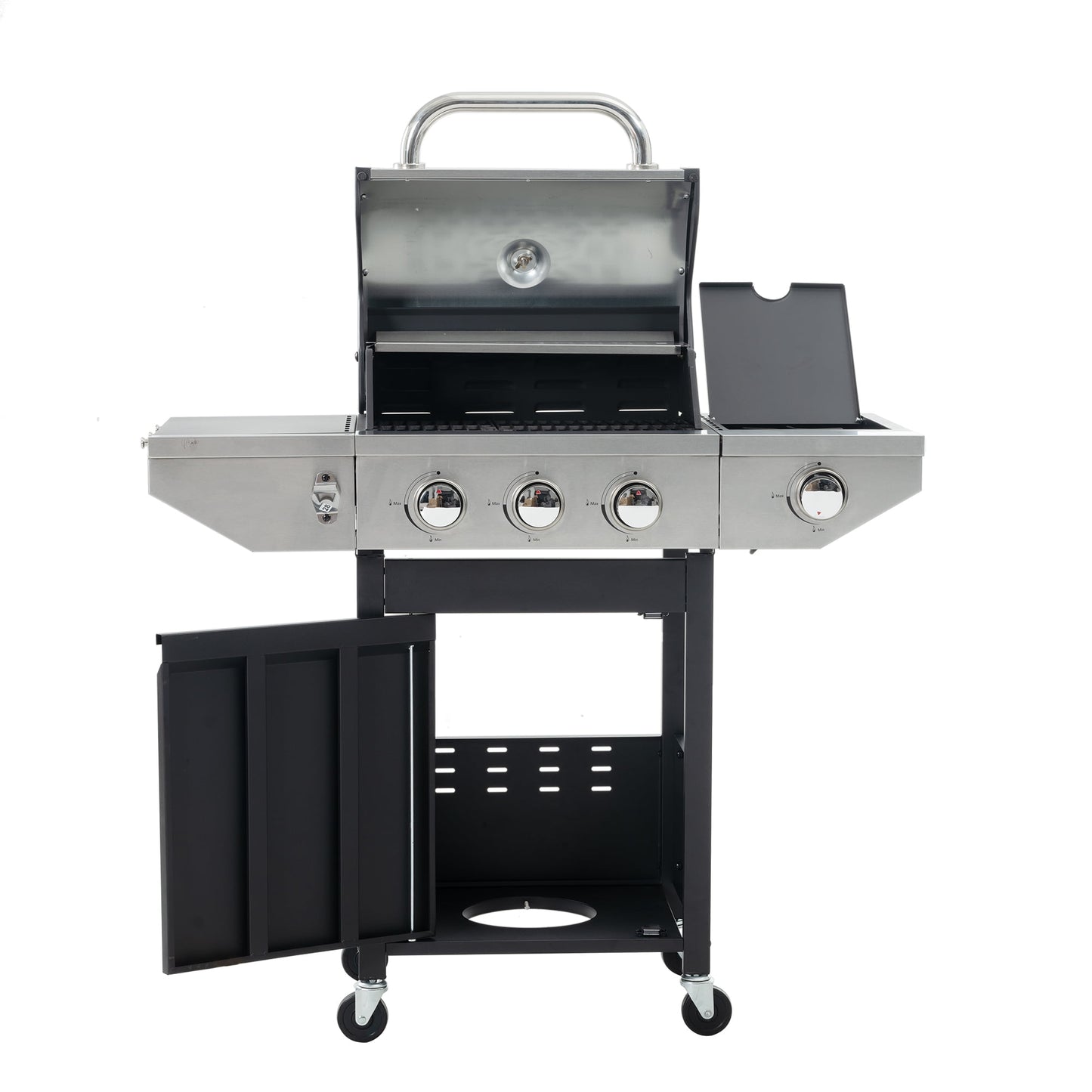 Propane Grill 3 Burner Stainless Steel BBQ Gas Grill with Side Burner, Thermometer, and Even Heating Cast Iron Grates for Outdoor BBQ and Camping