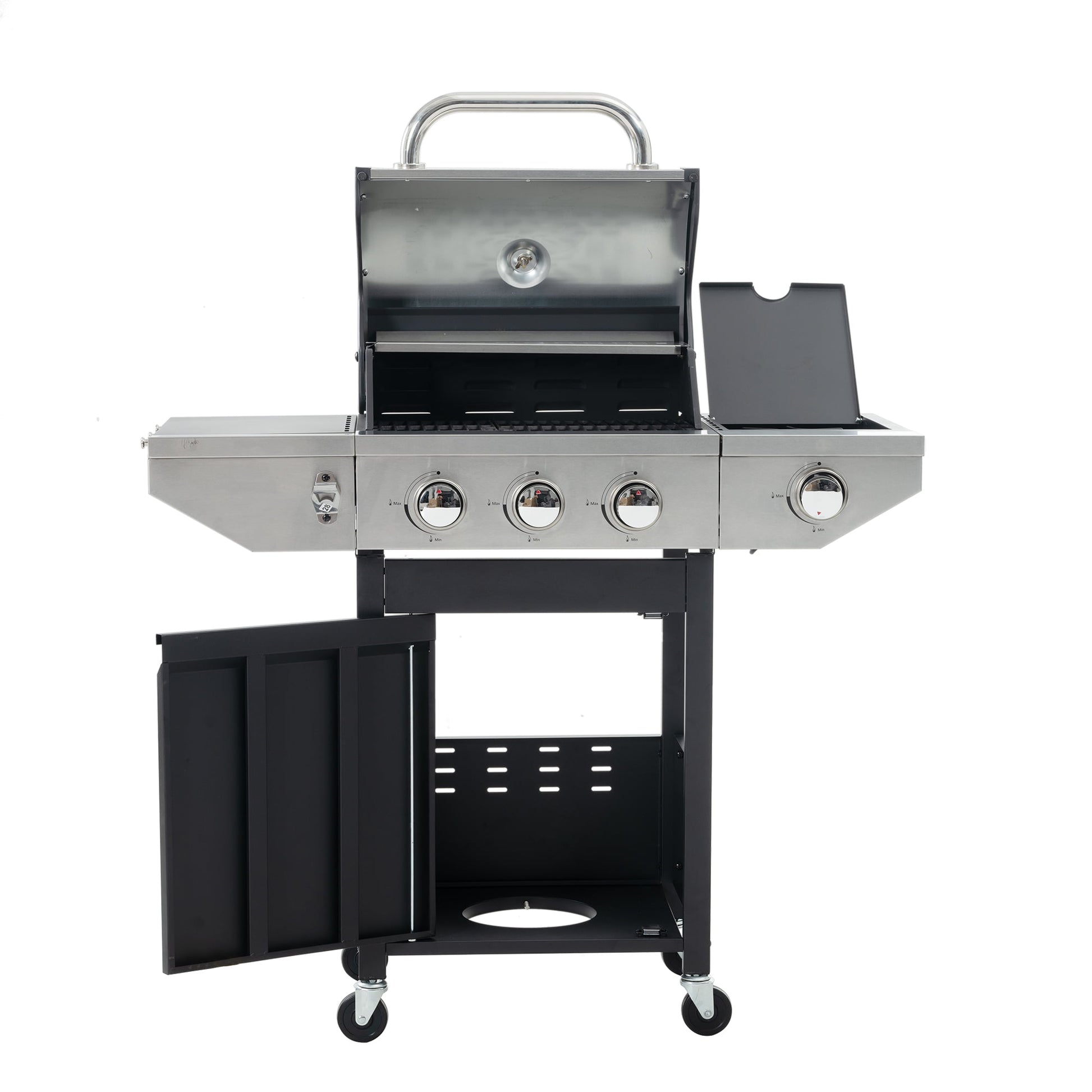 Propane Grill 3 Burner Stainless Steel BBQ Gas Grill with Side Burner, Thermometer, and Even Heating Cast Iron Grates for Outdoor BBQ and Camping