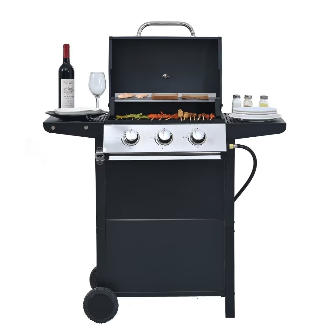 Leuco 3 Burner BBQ Propane Gas Grill, Stainless Steel 25,650 BTU Patio Garden Barbecue Grill with Two Shelves, Lid, Wheels and Bottle Opener