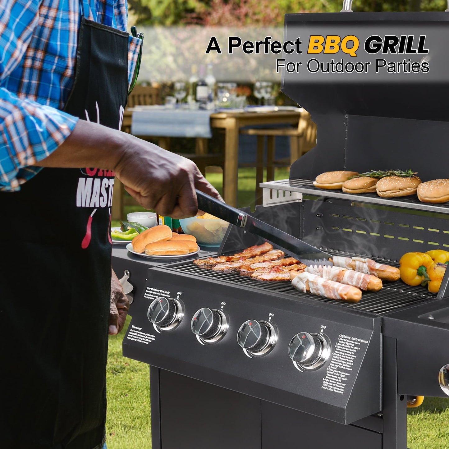 Betisef 4-Burner Propane Gas Grill with Side Burner and Side Table Outdoor Cooking Barbecue Grill Camping