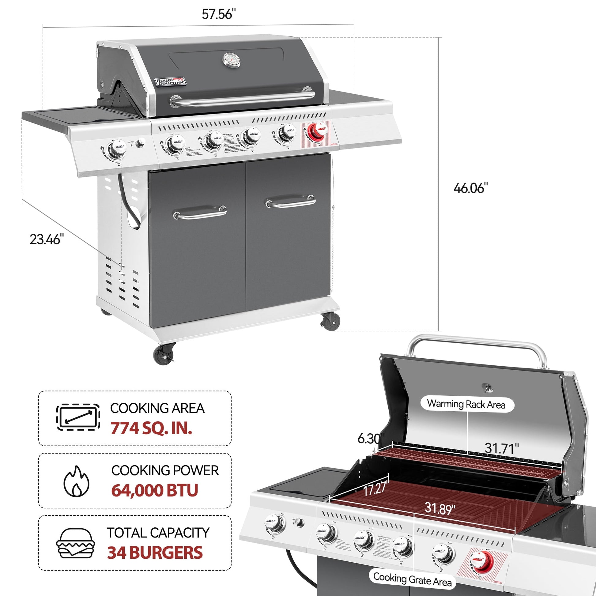 Royal Gourmet GA5404G Deluxe 5-Burner Gas Grill with Sear Burner and Side Burner, 64,000 BTU Cabinet Style Gas Grill, Gray