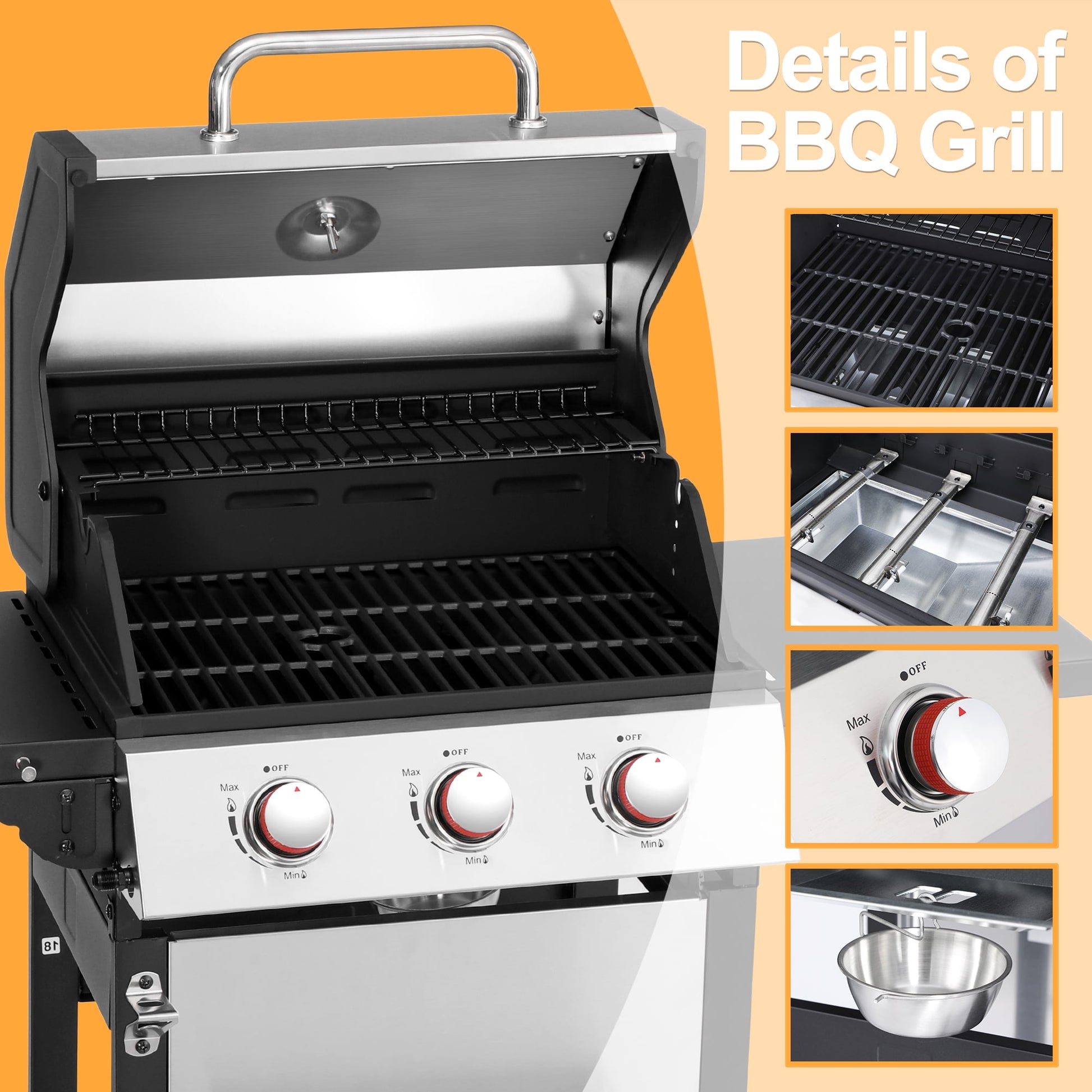 3-Burner Propane Gas Grill with 2 Foldable Side Tables, 30,000 BTU Outdoor BBQ Stainless Steel Grill with Porcelain-Enameled Cast Iron Grates and Thermometer, Easy Assembly for Patio, Backyard BBQ