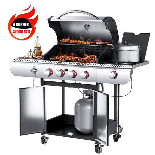 4-Burner Propane Gas Grill with Side Burner, Portable Stainless Steel BBQ Outdoor Cooker, 42,000 BTU, Electactic