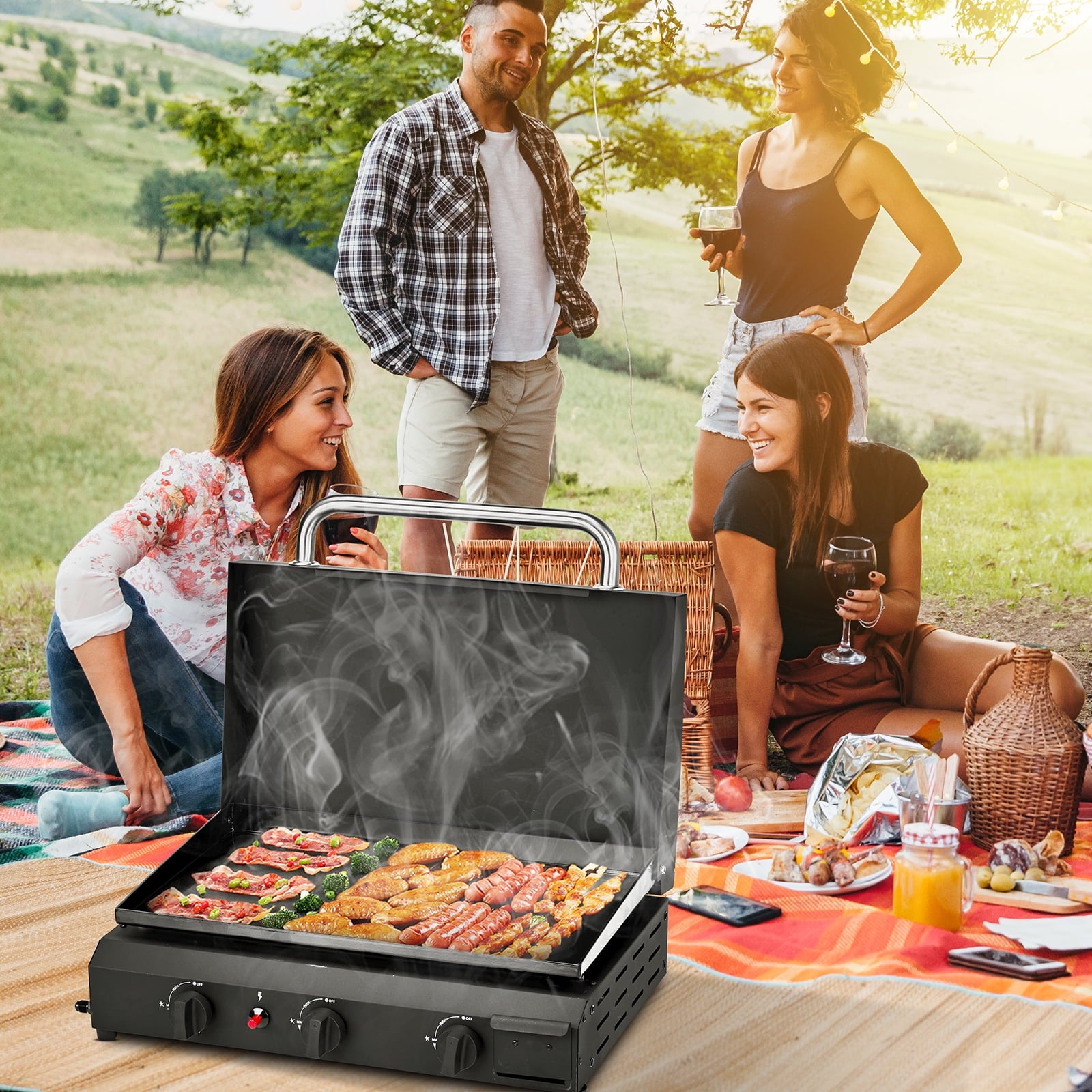 Ktaxon 3 Burner Propane Griddle Flat Top Gas Grill 30000 BTU with Lid,Ceramic Coated Cast Iron Pan,Portable