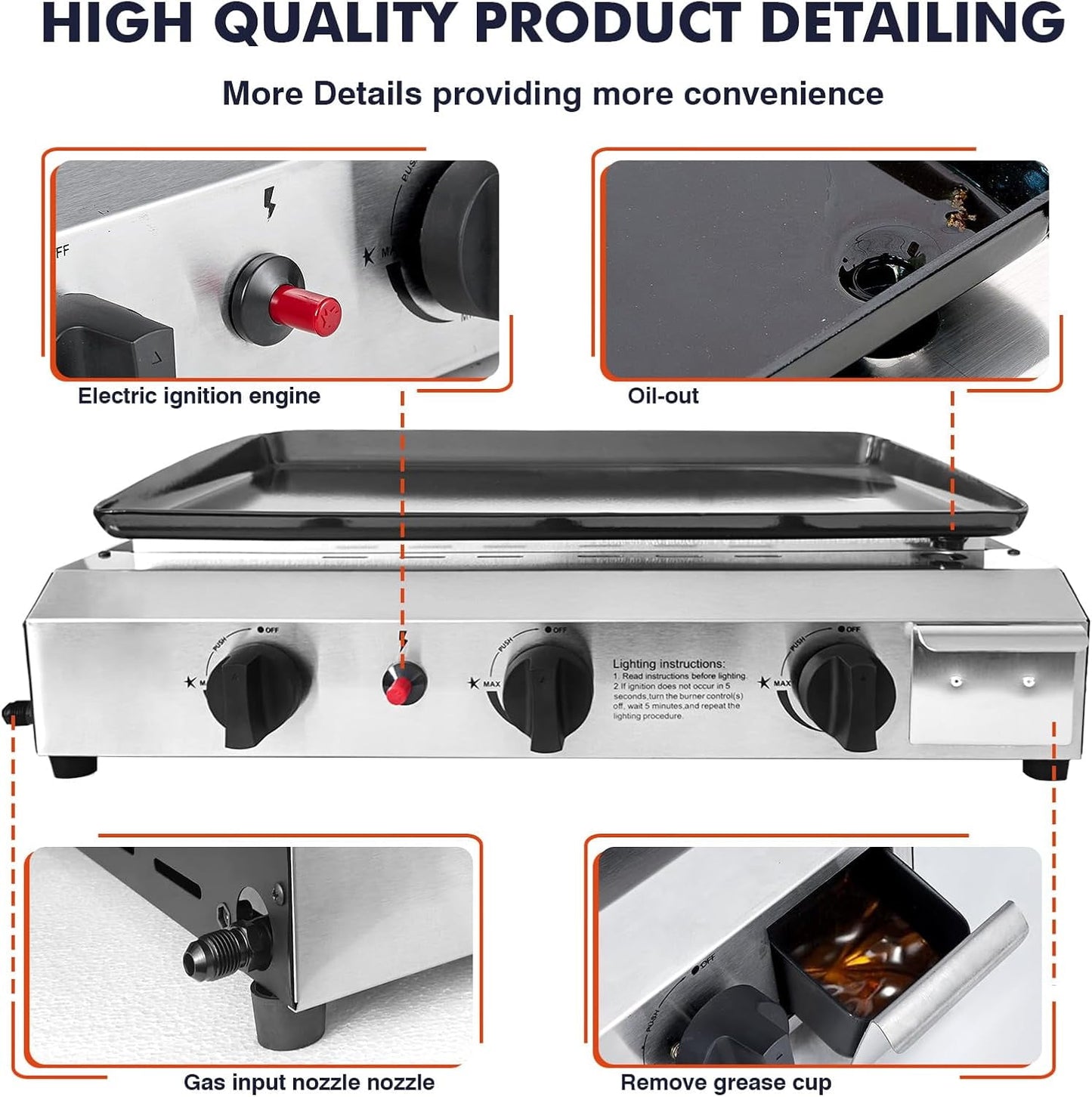 Llamaviva Flat Top Grill with 3 Burners -Auto Ignition Propane Portable GasGrill Premium Stainless Steel Body Tabletop Grill FlatGrills Outdoor Cooking Portable