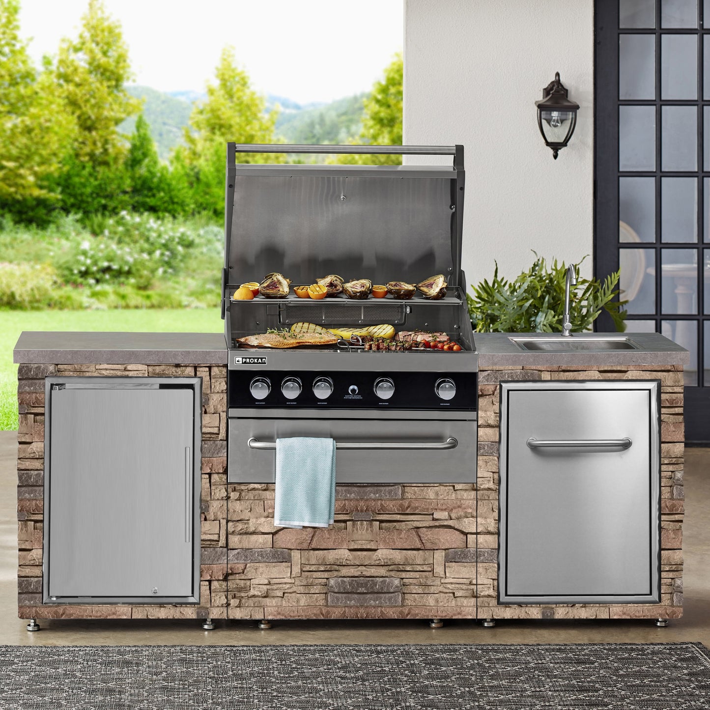 Desert Sunrise 5B Propane Grill Island With 63L Fridge and Sink