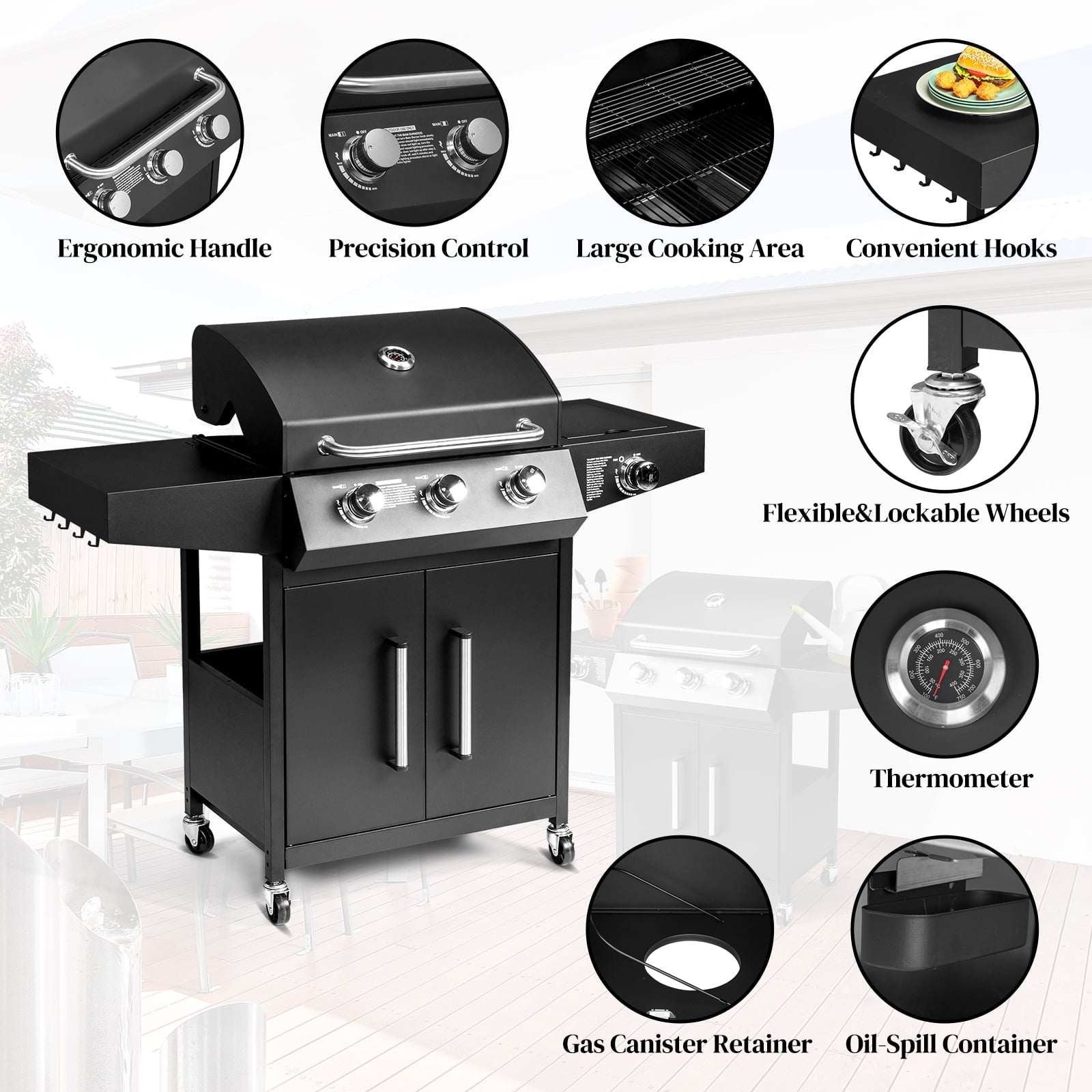Ktaxon 3 Burner Propane Grill Gas Stove 46000 BTU with Side Stove,Wheels