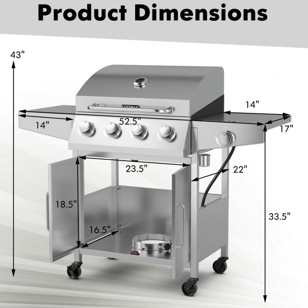Kepooman Outdoor Grill, Outdoor BBQ Grill,50000BTU 5-Burner Propane Gas Grill with Side Burner and 2 Prep Tables-Silver