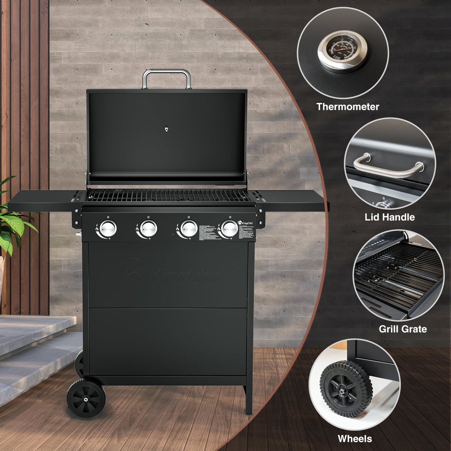 Kingchii 4-Burner Propane Grill, 38,000 BTUs Gas Grill with Foldable Side Tables, Built-in Thermometer for Outdoor Grilling, BBQs and Camping