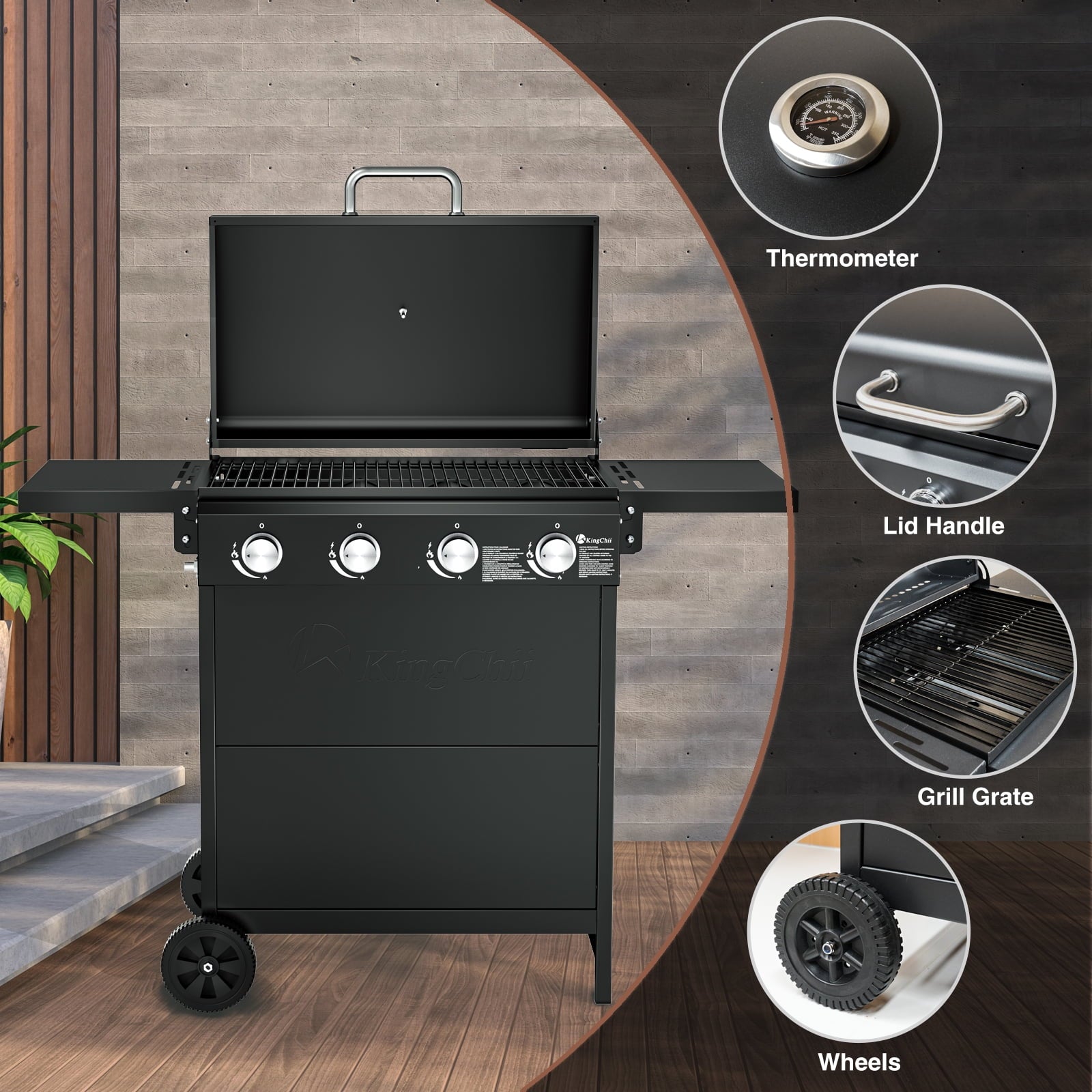 Kingchii 4-Burner Propane Grill, 38,000 BTUs Gas Grill with Foldable Side Tables, Built-in Thermometer for Outdoor Grilling, BBQs and Camping