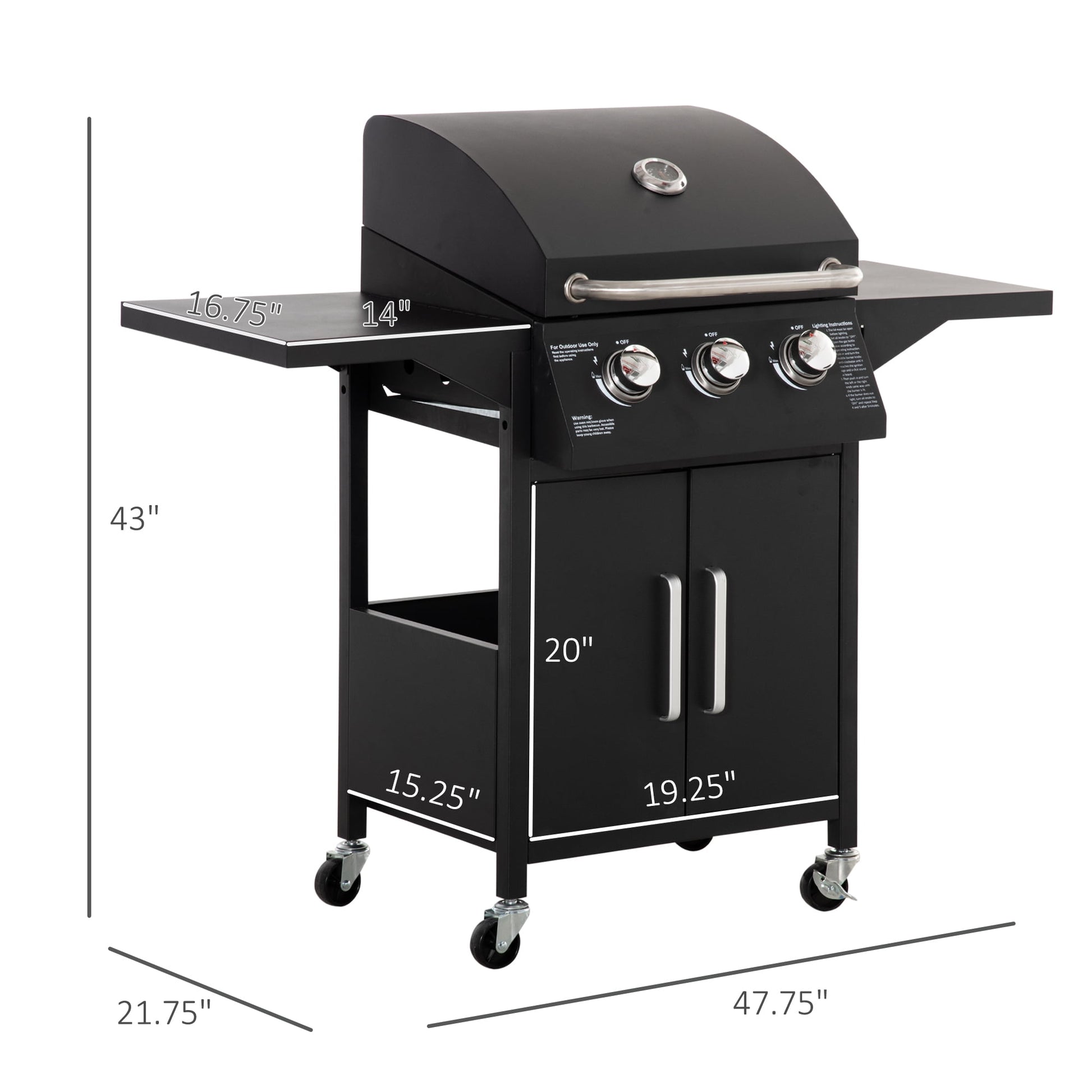 Outsunny 3 Burner Portable Gas Grill w/ Wheels, Outdoor Steel Propane Barbecue w/ Warming Rack, Shelves, Storage Cabinet, Thermometer, Black