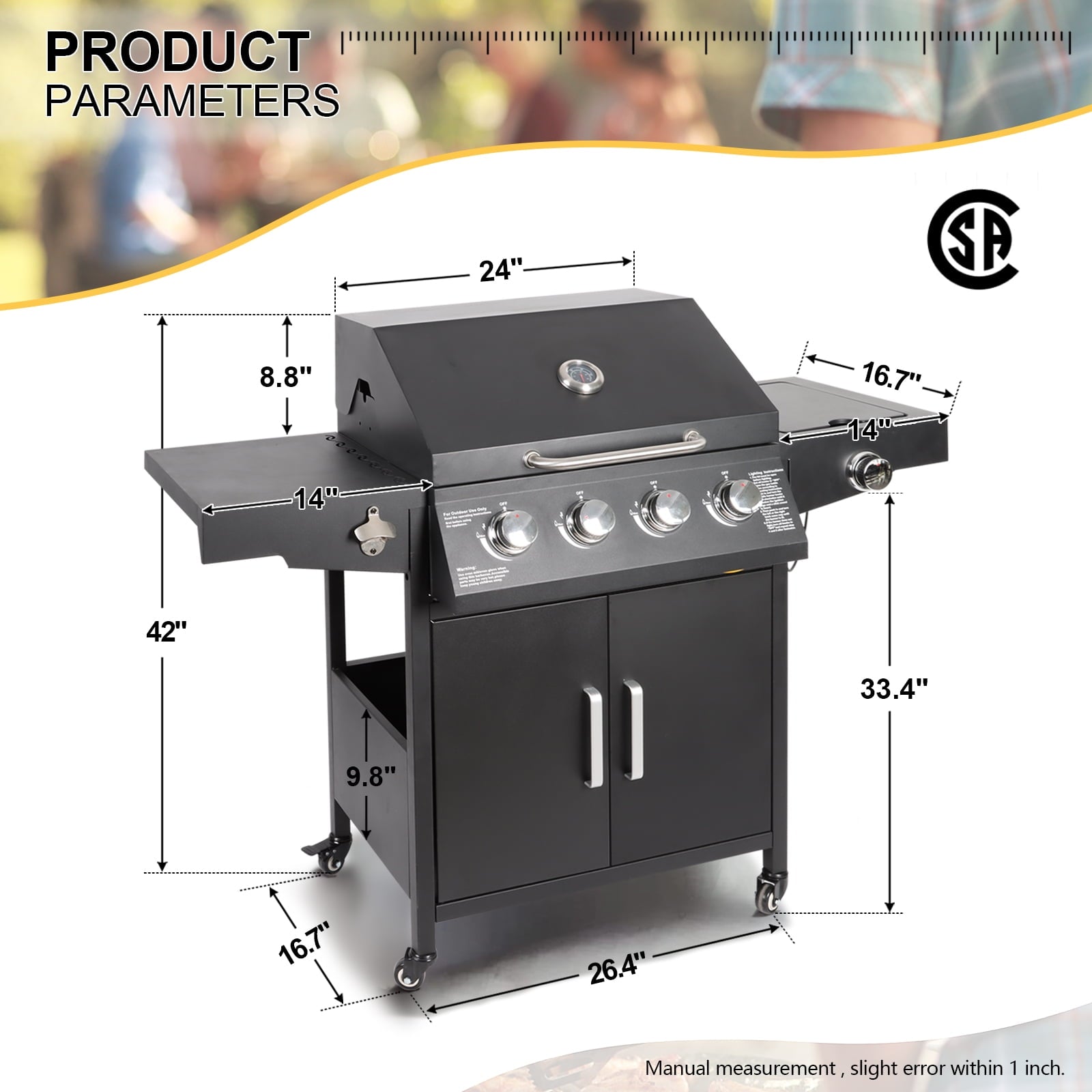 Polar Aurora Propane Gas Grill 4-Burners a Side Burner, Side Table, Steel Grill Cart for Garden Outdoor Cooking Picnic