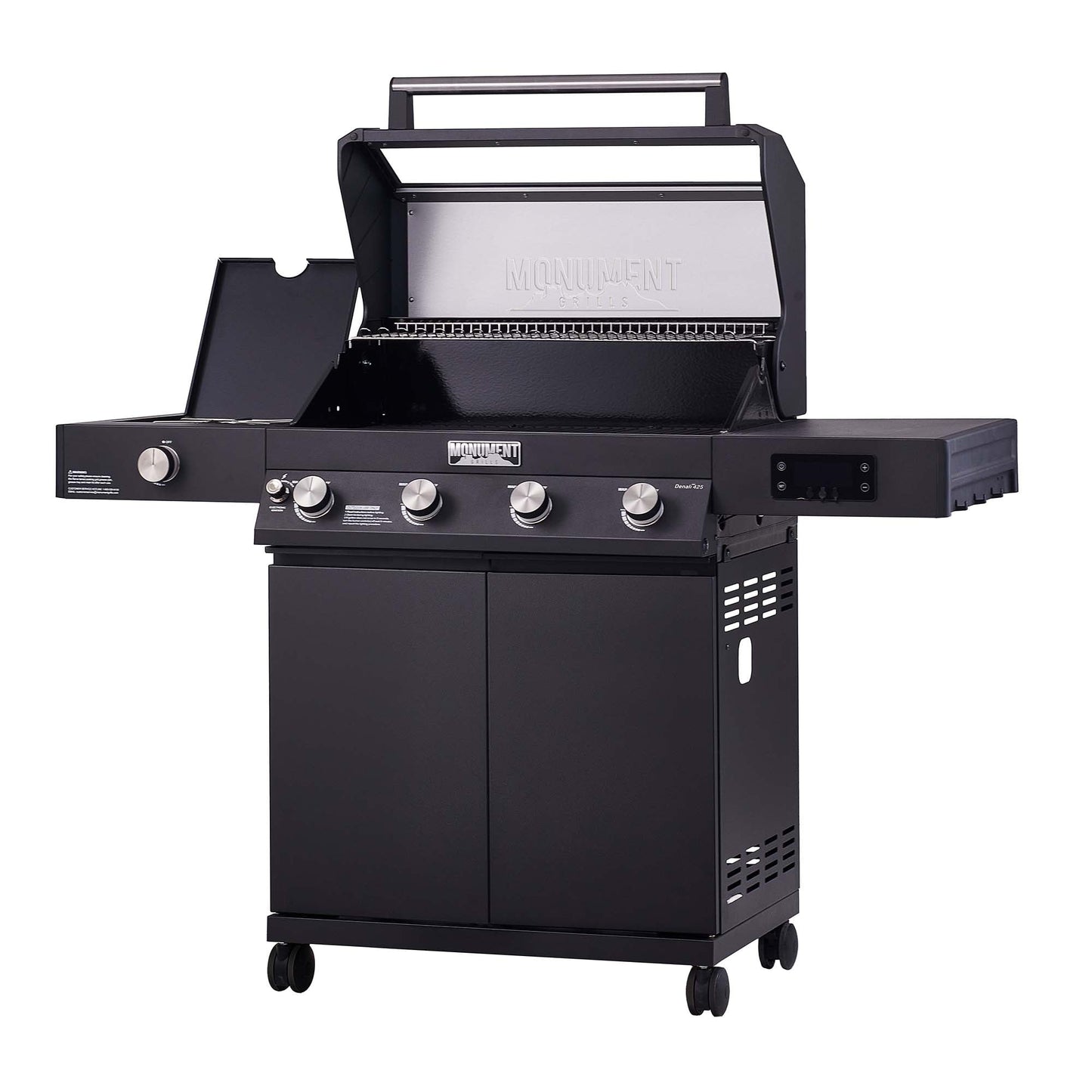 Denali 4-Burner Propane Gas Grill in Black with Clearview Lid, 3-Phase LED Controls and Side Burner