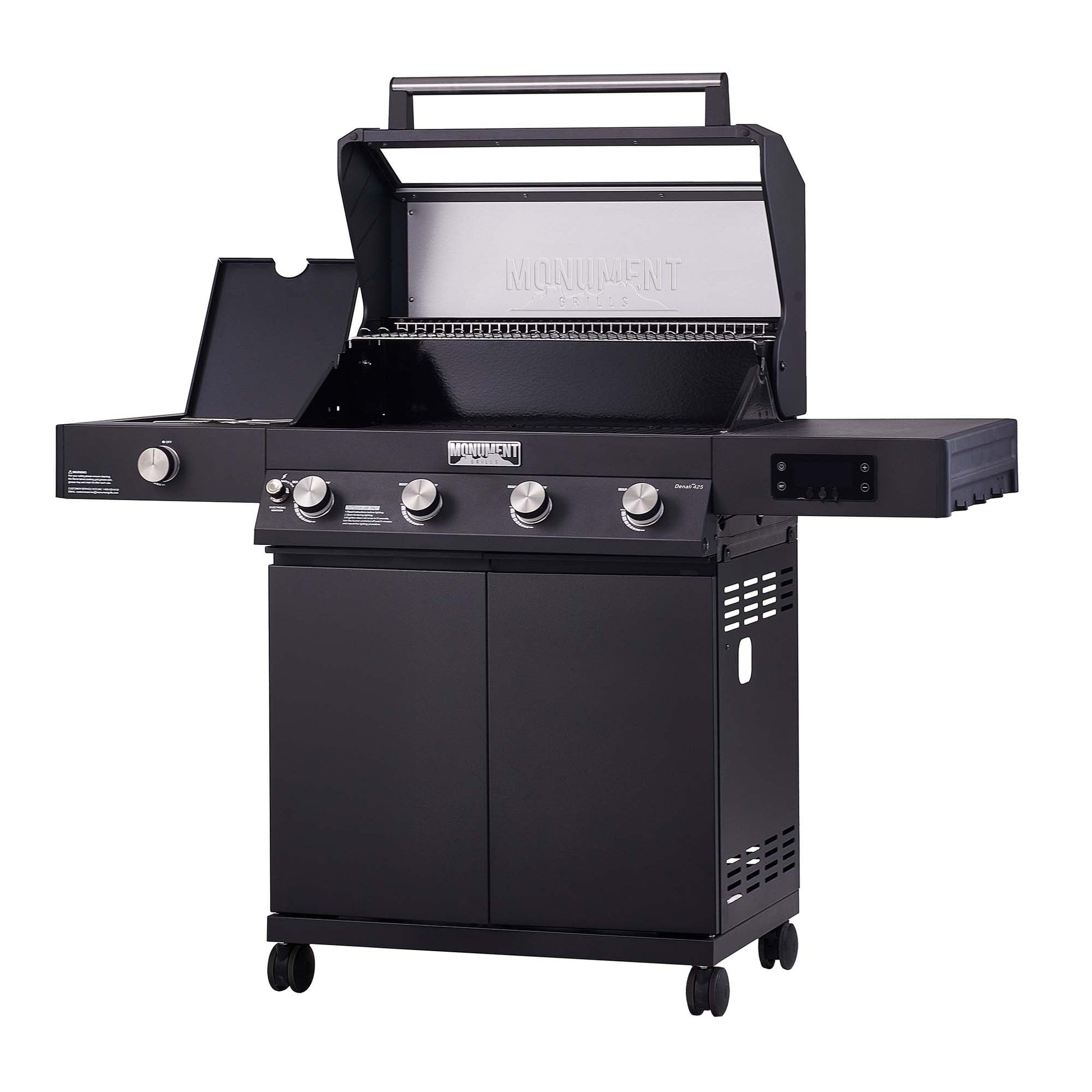 Denali 4-Burner Propane Gas Grill in Black with Clearview Lid, 3-Phase LED Controls and Side Burner