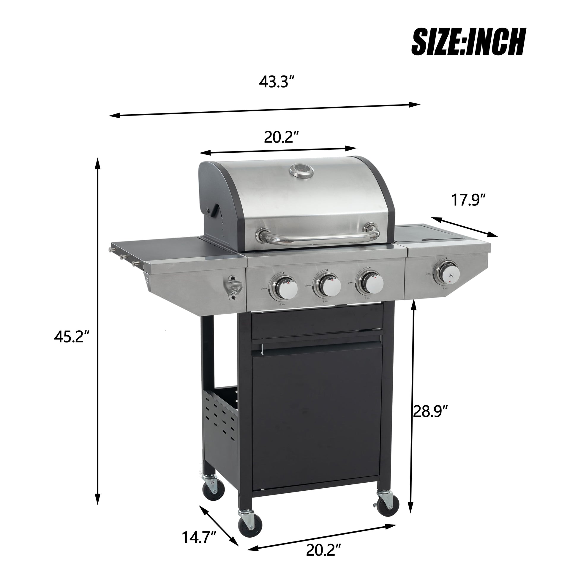 Propane Grill 3 Burner Stainless Steel BBQ Gas Grill with Side Burner, Thermometer, and Even Heating Cast Iron Grates for Outdoor BBQ and Camping