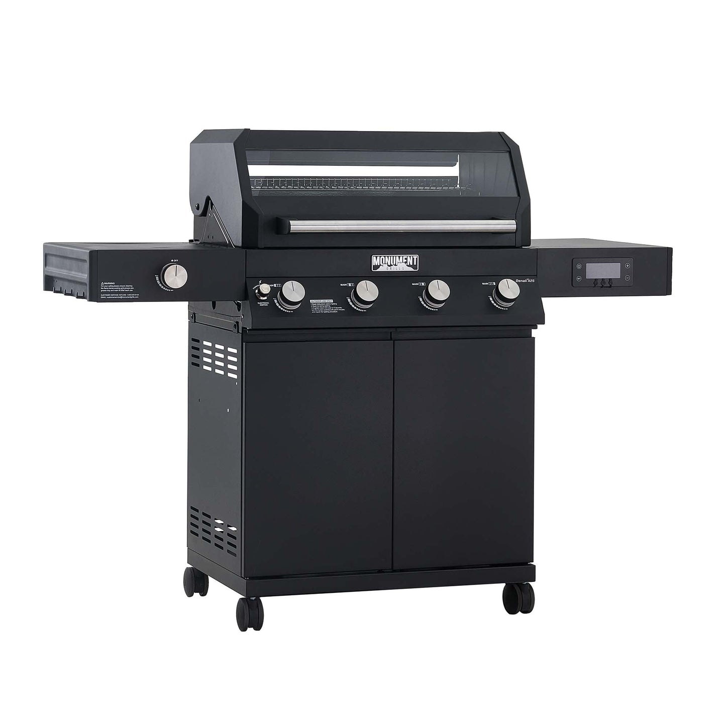 Denali 4-Burner Propane Gas Grill in Black with Clearview Lid, 3-Phase LED Controls and Side Burner