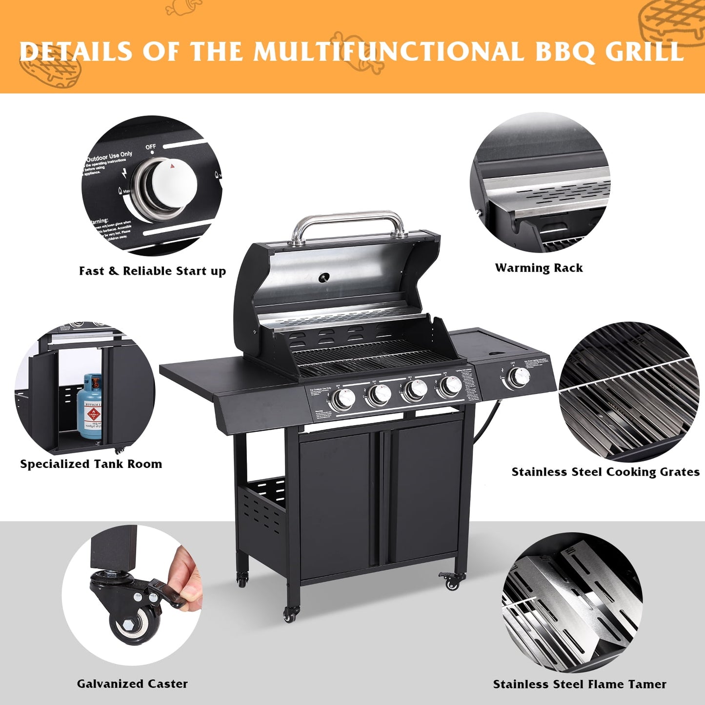 Haverchair 4-Burner Gas Grill Propane with Side Burner 50,000 BTU Outdoor BBQ Propane Gas Grill Cart Barbecue Grill for Patio Garden Picnic Backyard Cooking Camping,Black
