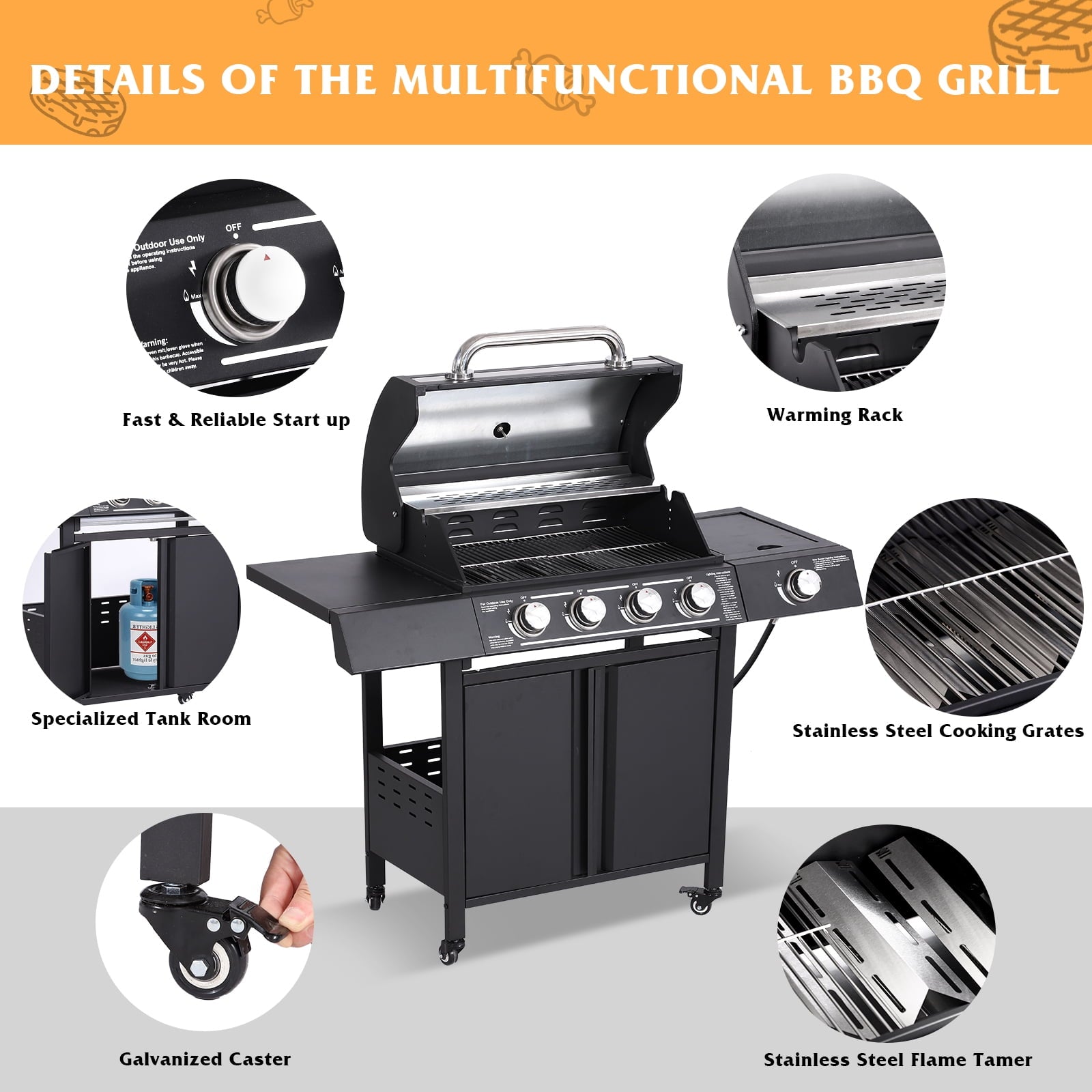 Haverchair 4-Burner Gas Grill Propane with Side Burner 50,000 BTU Outdoor BBQ Propane Gas Grill Cart Barbecue Grill for Patio Garden Picnic Backyard Cooking Camping,Black