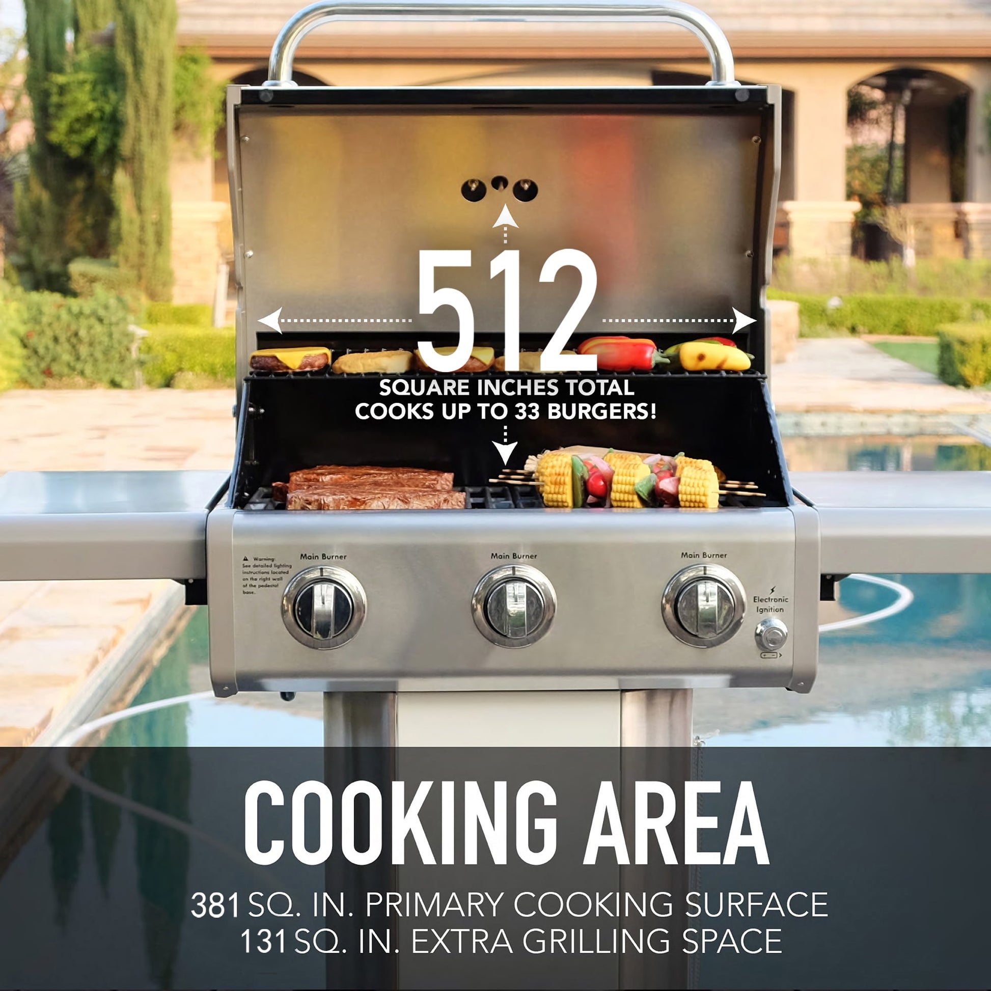 Kenmore 3-Burner Gas Grill, Outdoor BBQ Grill, Propane Grill with Foldable Side Tables, Pearl White