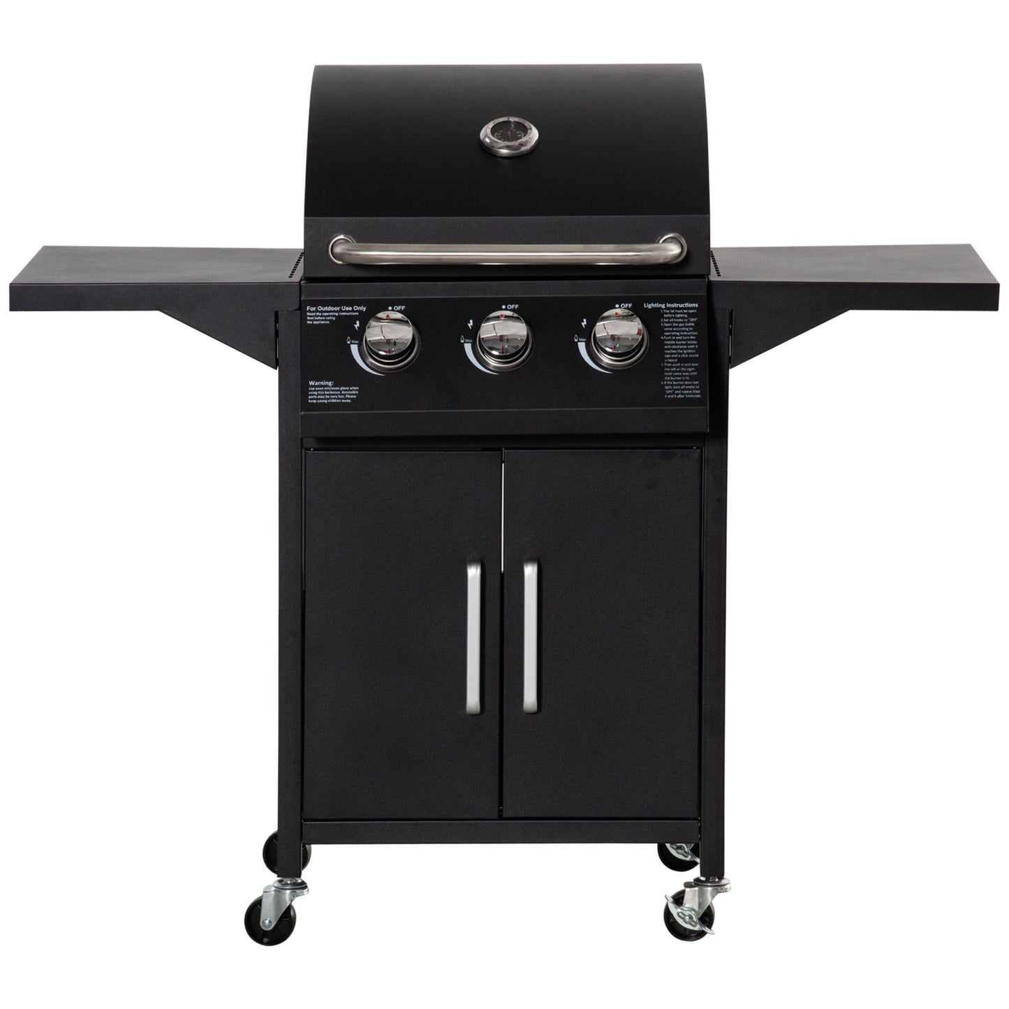 Outsunny 3 Burner Portable Gas Grill w/ Wheels, Outdoor Steel Propane Barbecue w/ Warming Rack, Shelves, Storage Cabinet, Thermometer, Black