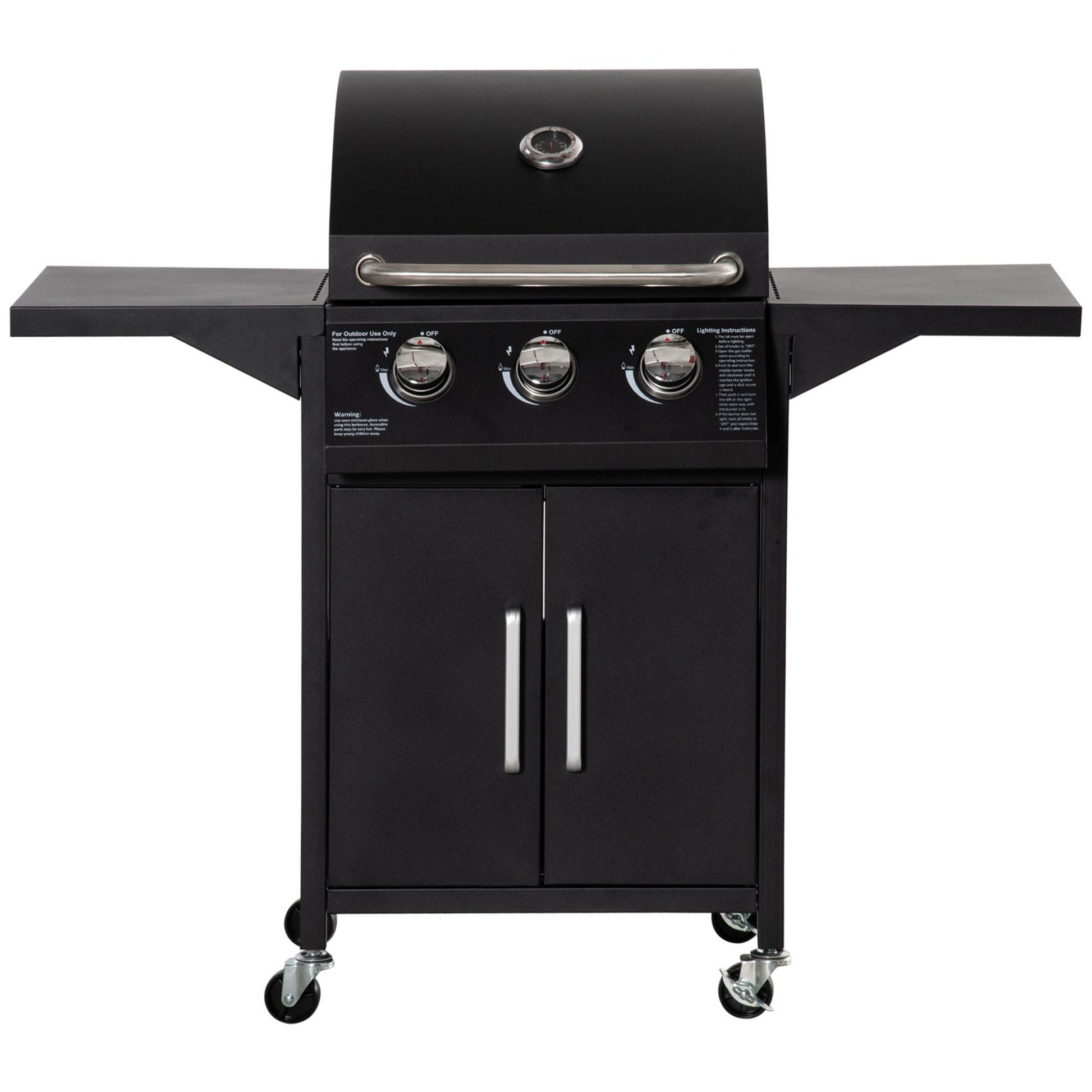 Outsunny 3 Burner Portable Gas Grill w/ Wheels, Outdoor Steel Propane Barbecue w/ Warming Rack, Shelves, Storage Cabinet, Thermometer, Black