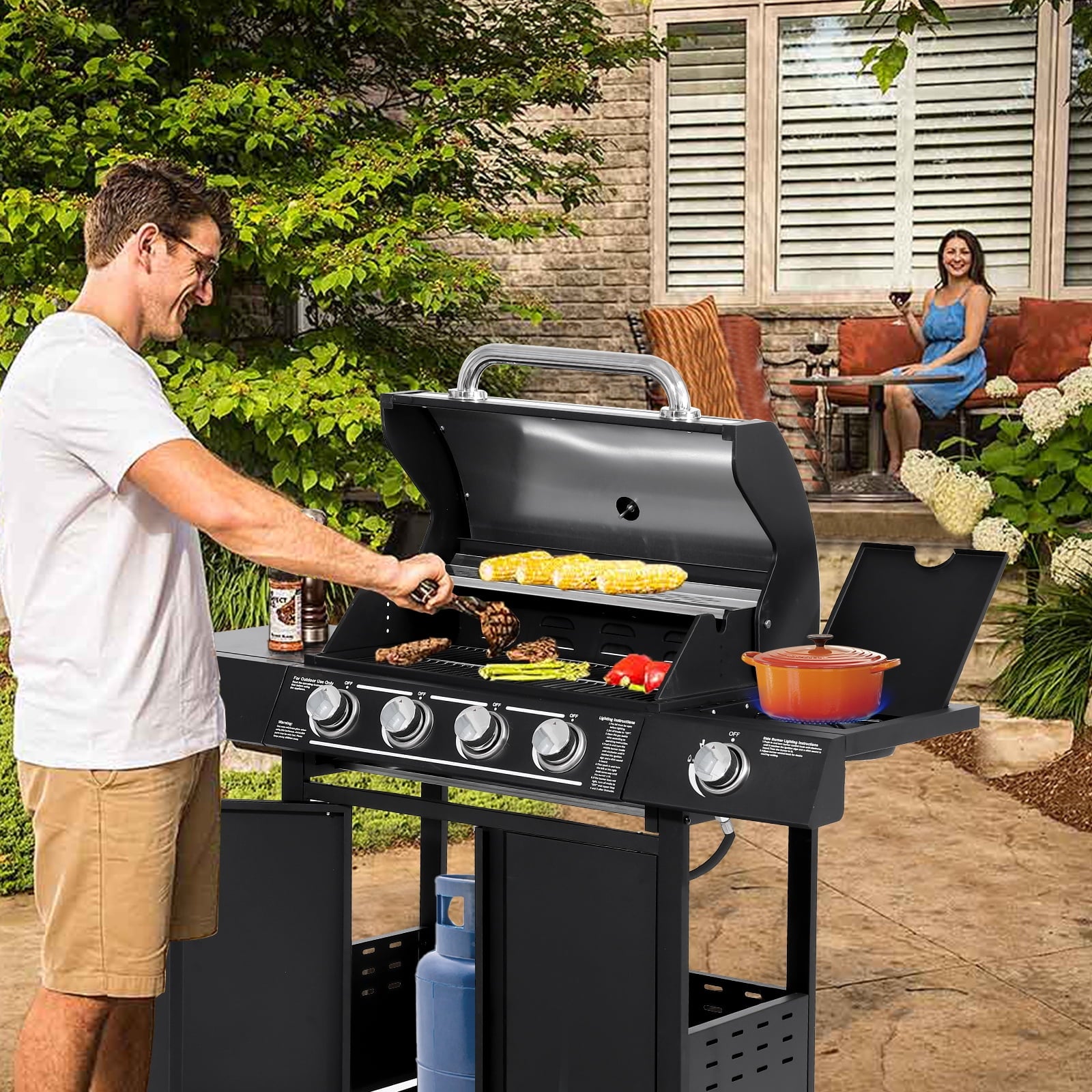 Haverchair 4-Burner Gas Grill Propane with Side Burner 50,000 BTU Outdoor BBQ Propane Gas Grill Cart Barbecue Grill for Patio Garden Picnic Backyard Cooking Camping,Black