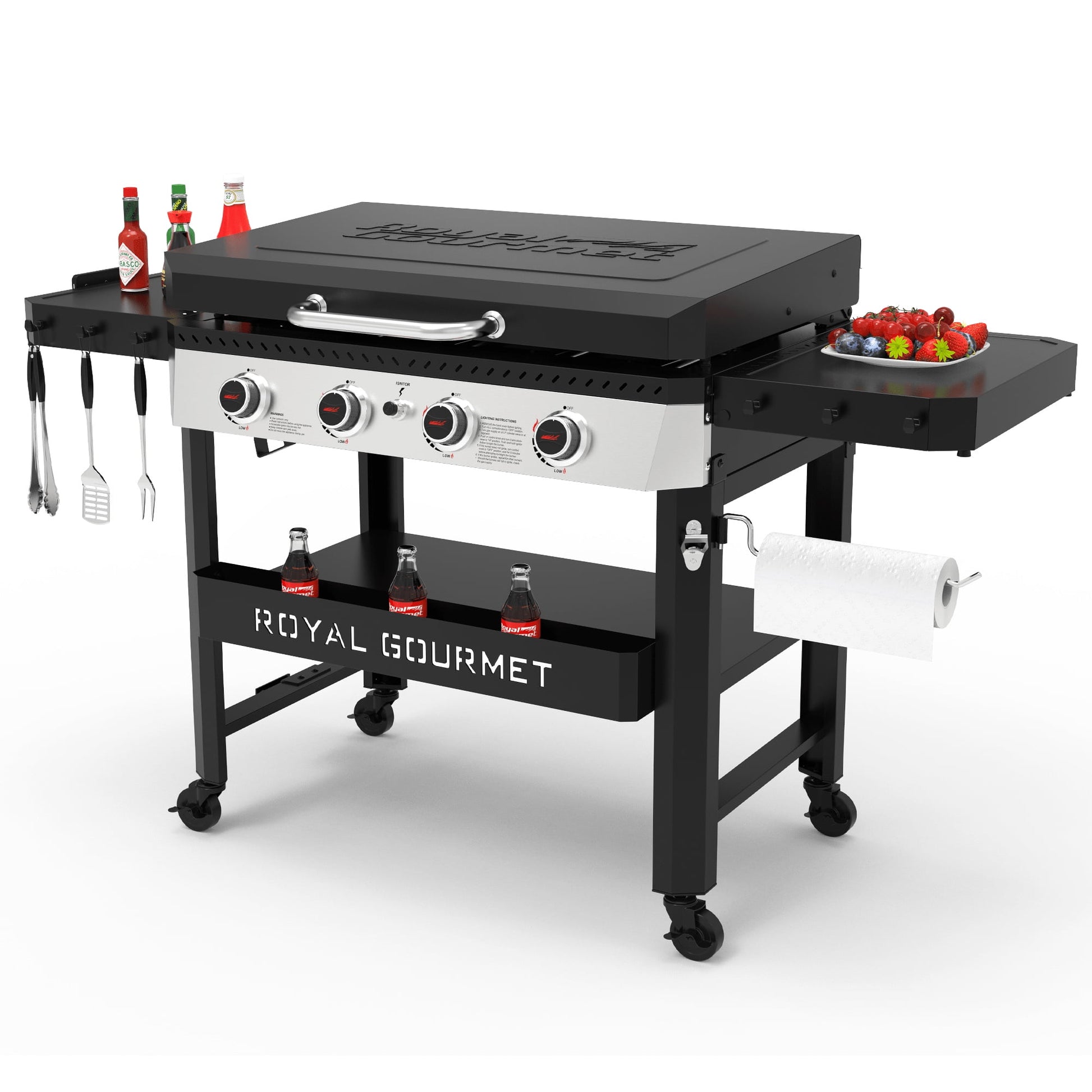 Royal Gourmet GB4007P 34-Inch 4-Burner Propane Gas Griddle with Hood, Griddle with Collapsible Side Shelves and Front Basket