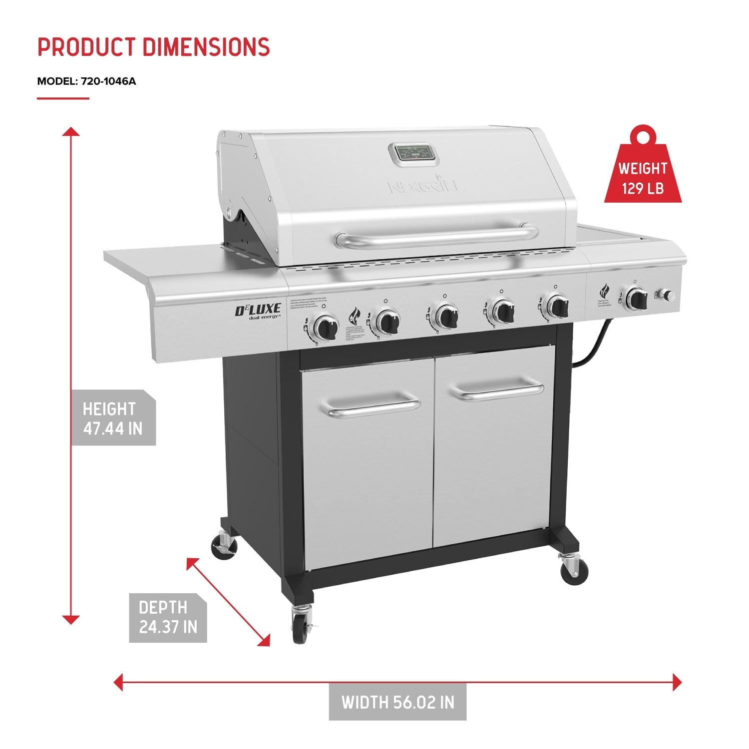 Nexgrill Deluxe 5-Burner Propane BBQ Grill with Side Burner, Stainless Steel Control Panel, Electric Ignition, 60,000 BTUs Output, Gas Grill Perfect for Outdoor Gatherings - 720-1046A