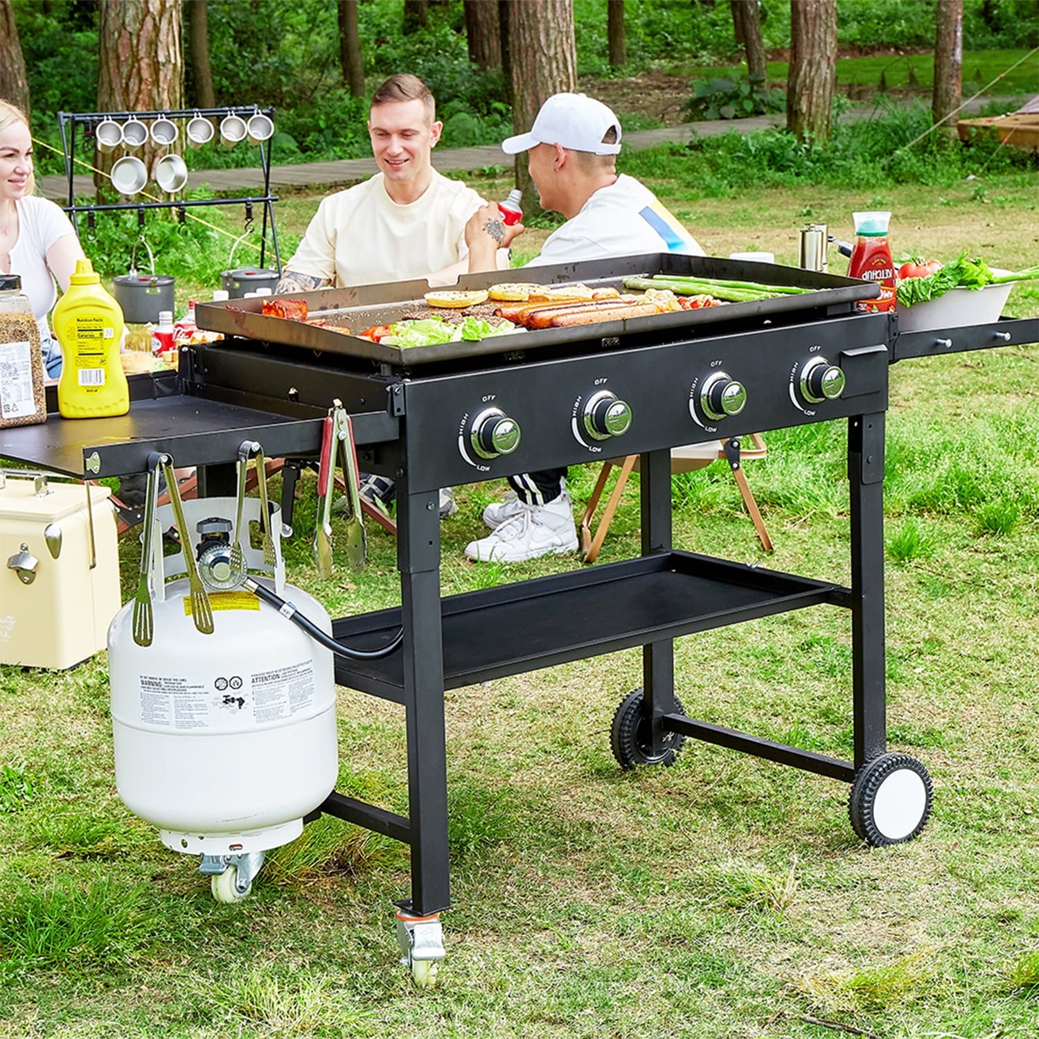 SUGIFT 36" 4-Burner Propane Gas Griddle, 60,000 BTU Flat Top Grill with Side Shelf for Outdoor BBQ & Camping