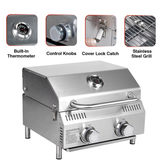 Bestfire 20" Tabletop Gas Grill 2 Burners, 20,000 BTUs Stainless Steel Portable Propane Grill with Legs for Outdoor Patio Backyard Camping, Tailgating, and RV Trips