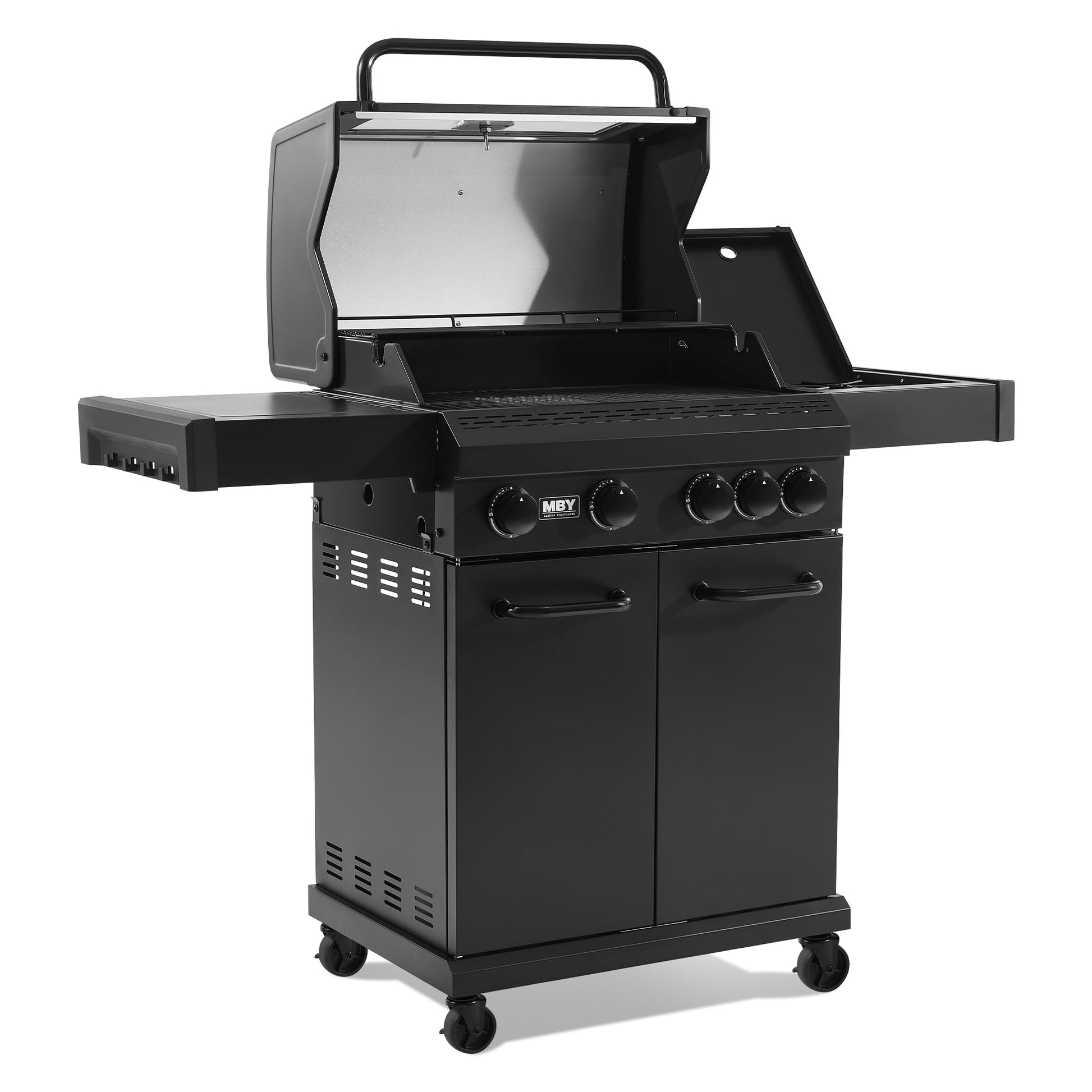 MBY 4-Burner Propane Gas Grill with Side Burner, 50,000 BTU Outdoor BBQ Grill with Cast Iron Grates and Griddle, Heavy Duty for Backyard Cooking