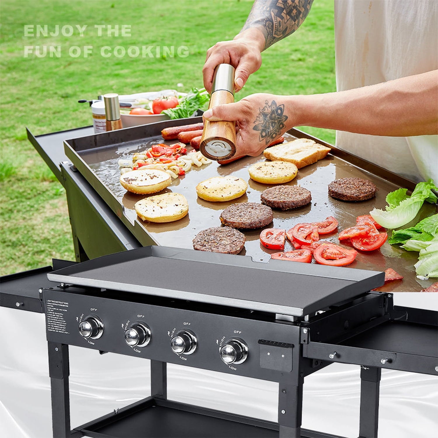 SUGIFT 36" 4-Burner Propane Gas Griddle, 60,000 BTU Flat Top Grill with Side Shelf for Outdoor BBQ & Camping