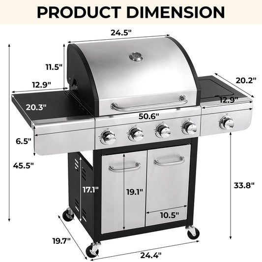 Arlopu 4-Burner Propane Gas Grill with Side Burner Stainless Steel Patio Garden Barbecue Grill for Camping, Outdoor Cooking, BBQ