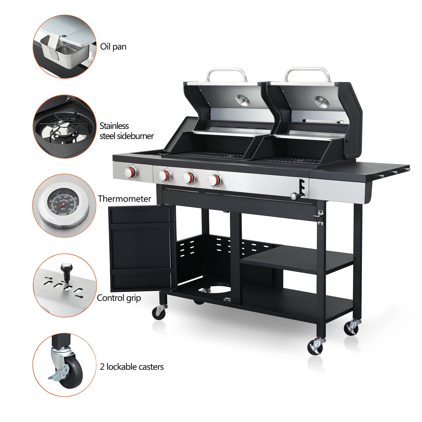 Holaki 3-Burner Propane Gas BBQ Grill with Side Burner - 37,230 BTU Output, Enameled Cast Iron Cooking Grids, Stainless Steel, Perfect for Outdoor Barbecue