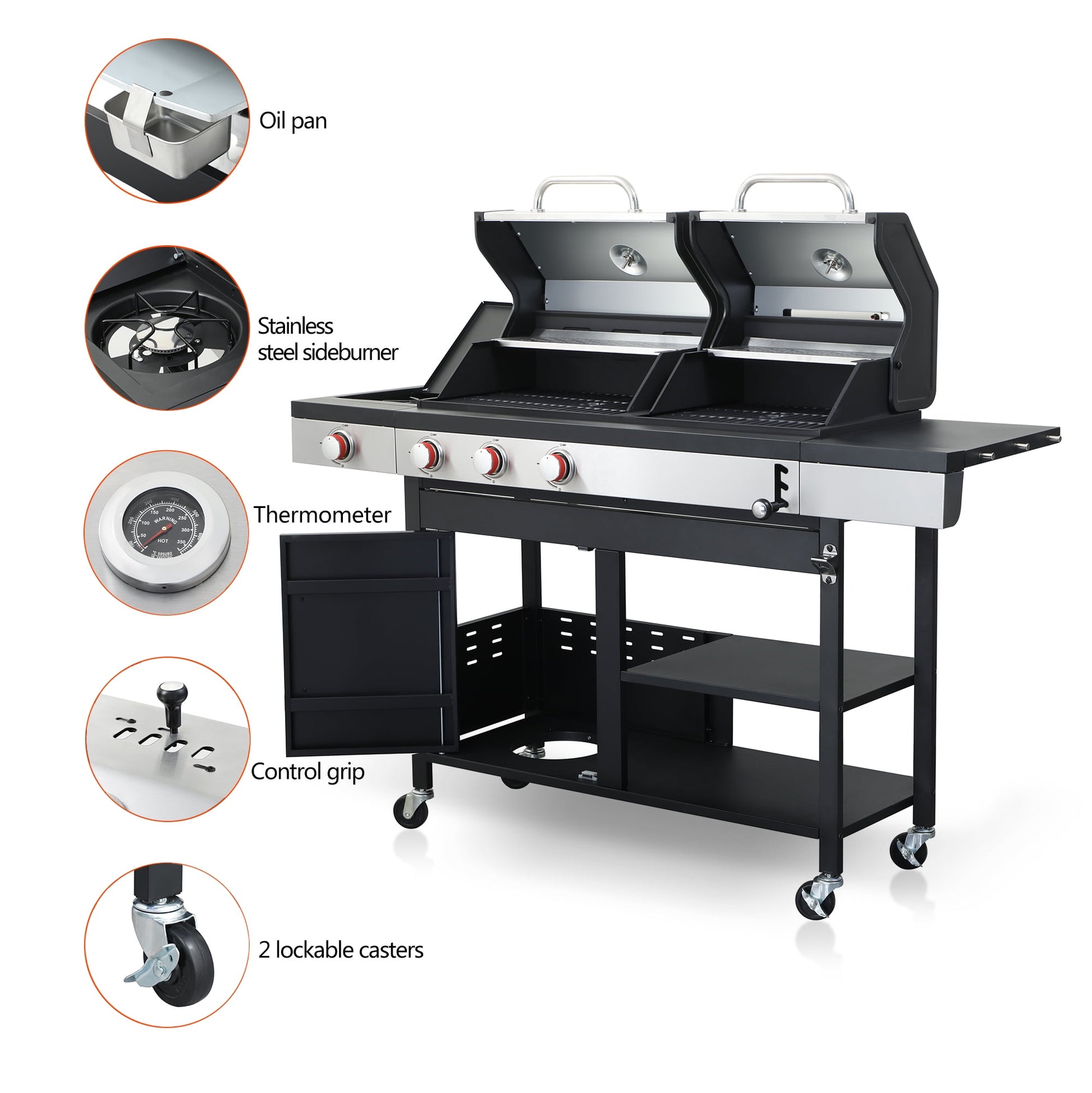 Holaki 3-Burner Propane Gas BBQ Grill with Side Burner - 37,230 BTU Output, Enameled Cast Iron Cooking Grids, Stainless Steel, Perfect for Outdoor Barbecue
