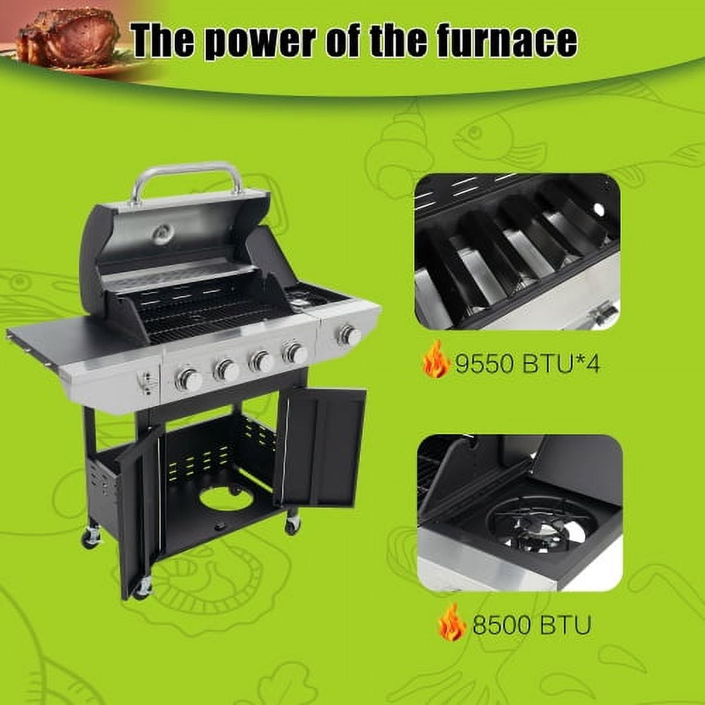 4-Burner Propane Grill with Side Sear Station, 46,700 BTU Stainless Steel BBQ, Cast Iron Grates & Rotisserie Kit for Backyard Cooking, Black and Silver
