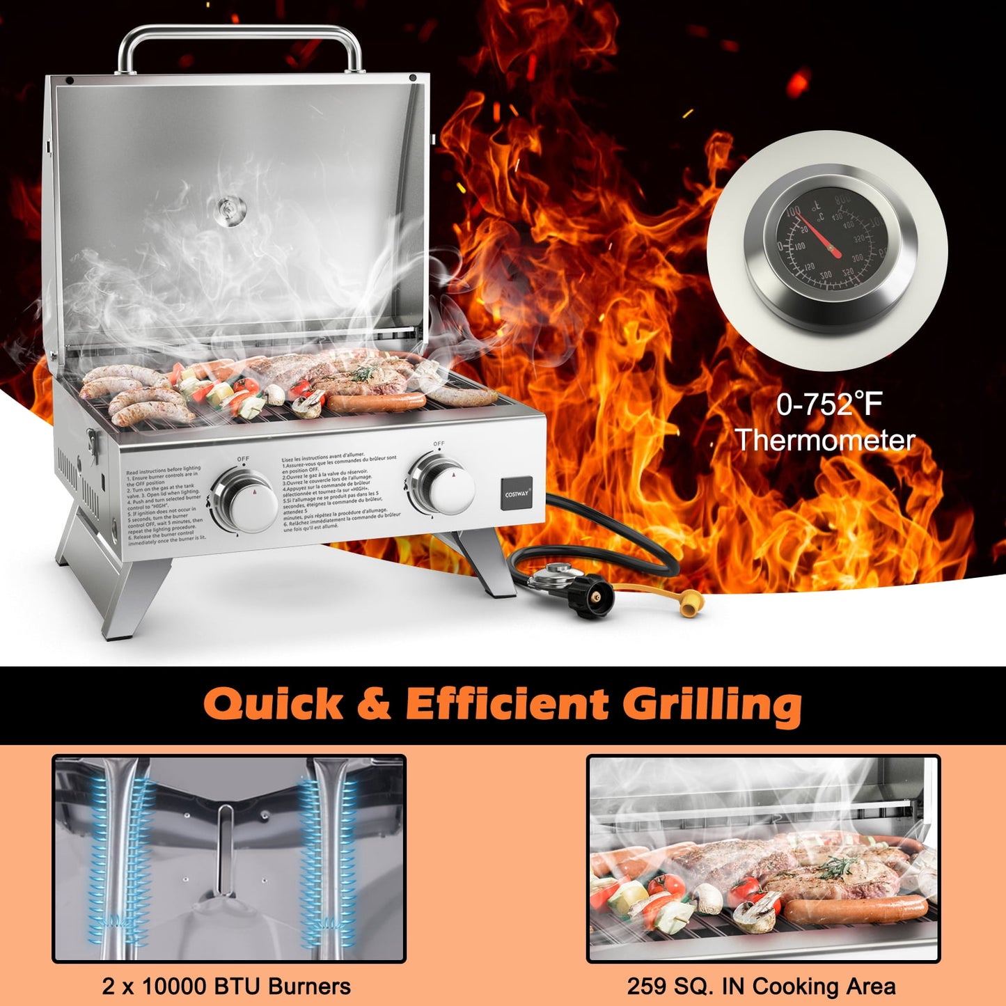 Costway 20,000 BTU Stainless Steel Propane Grill for Outdoor Camping Picnics Tailgating Sliver