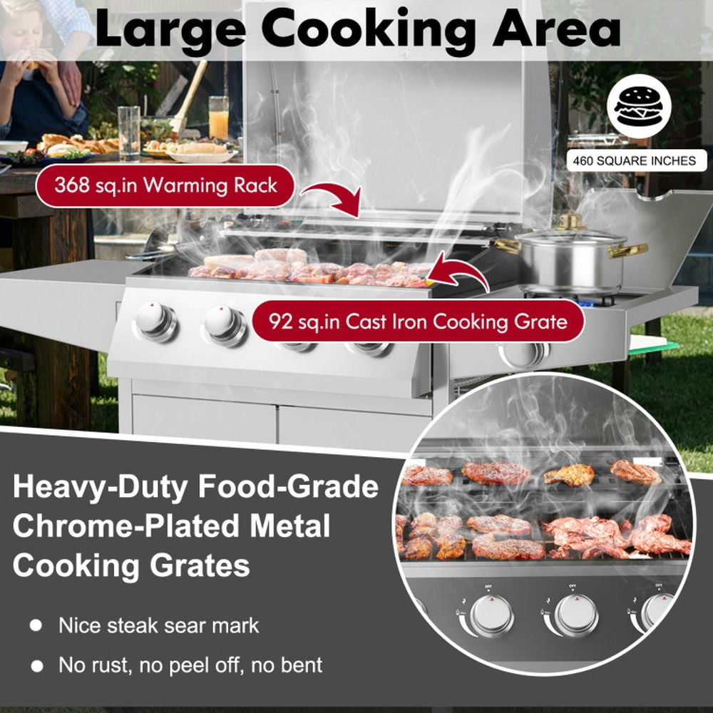 Kepooman Outdoor Grill, Outdoor BBQ Grill,50000BTU 5-Burner Propane Gas Grill with Side Burner and 2 Prep Tables-Silver