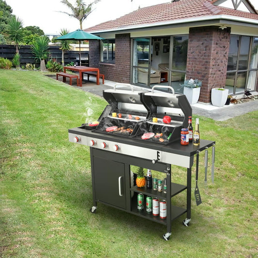 Barara King BBQ Grill, Outdoor Camping Grill,3-Burner Propane Gas BBQ Grill with Side Burner, 37230BTU Output With Enameled Cast Iron Cooking Grids