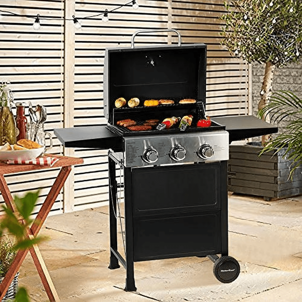 MASTER COOK 3 Burner BBQ Propane Grill, 30,000 BTU Patio Garden Barbecue Gas Grill with Two Foldable Shelves