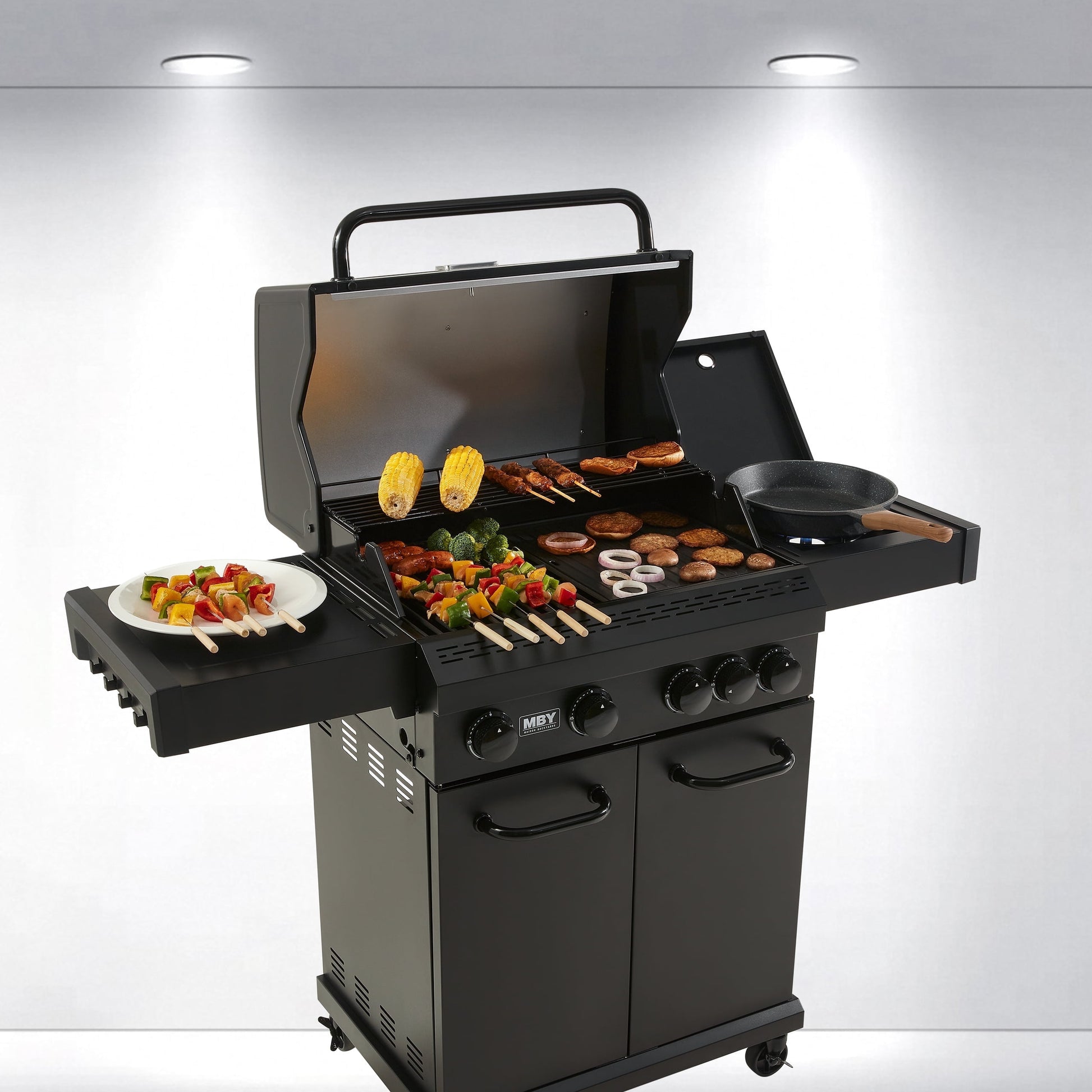 MBY 4-Burner Propane Gas Grill with Side Burner, 50,000 BTU Outdoor BBQ Grill with Cast Iron Grates and Griddle, Heavy Duty for Backyard Cooking