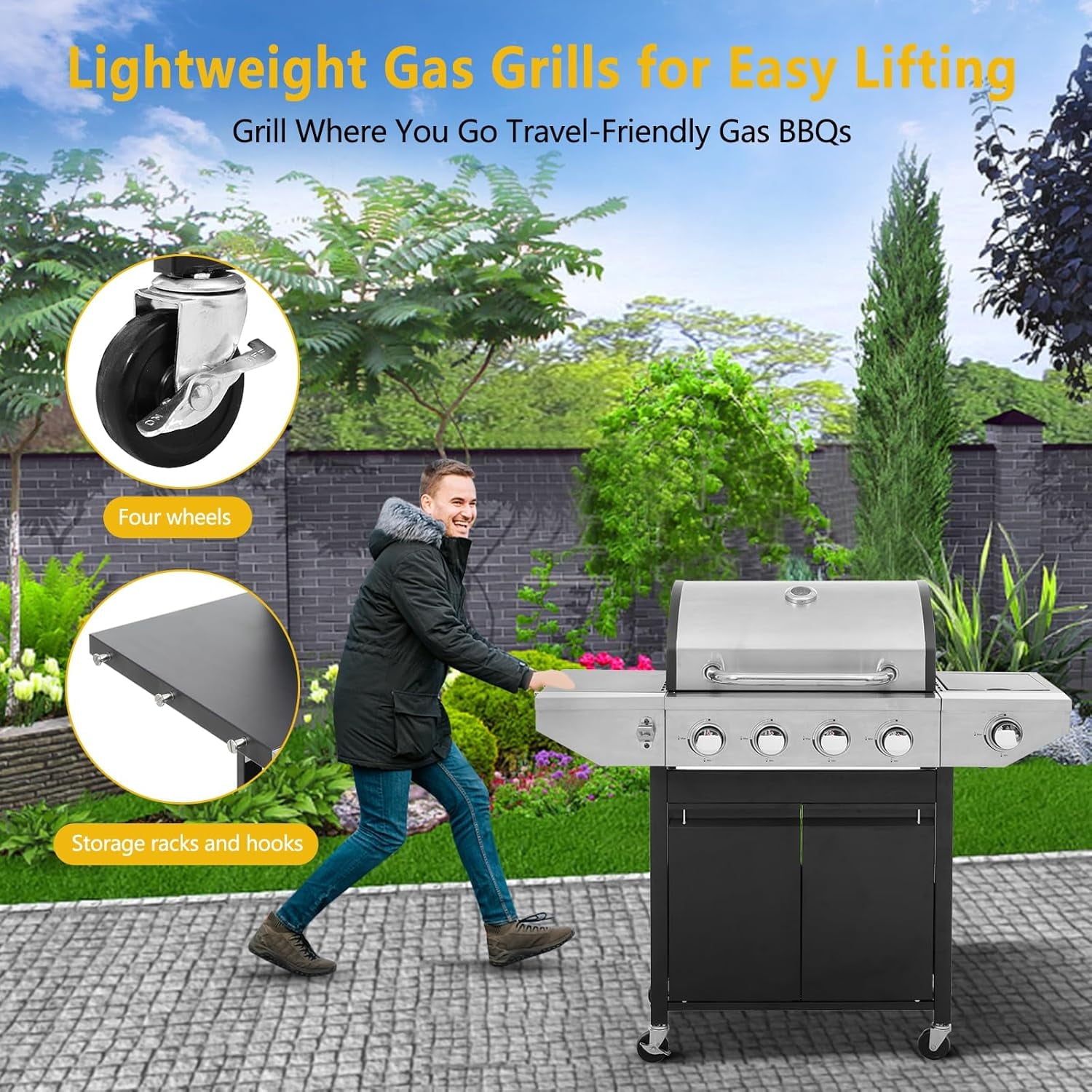 HighSound 4-Burner Propane Gas Grill with Side Burner, 46700 BTU Porcelain-Enameled Cast Iron Grates Outdoor Cooking Stainless Steel BBQ Grills Cabinet, Black