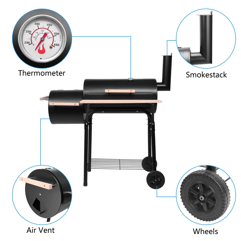Outdoor Gas Grill, Modern Multi-Function Charcoal Barbecue Pit with Seasoning Rack and Plastic Wheels, Meat BBQ Cooker for Patio, Backyard, Garden, Camping, Party, Black
