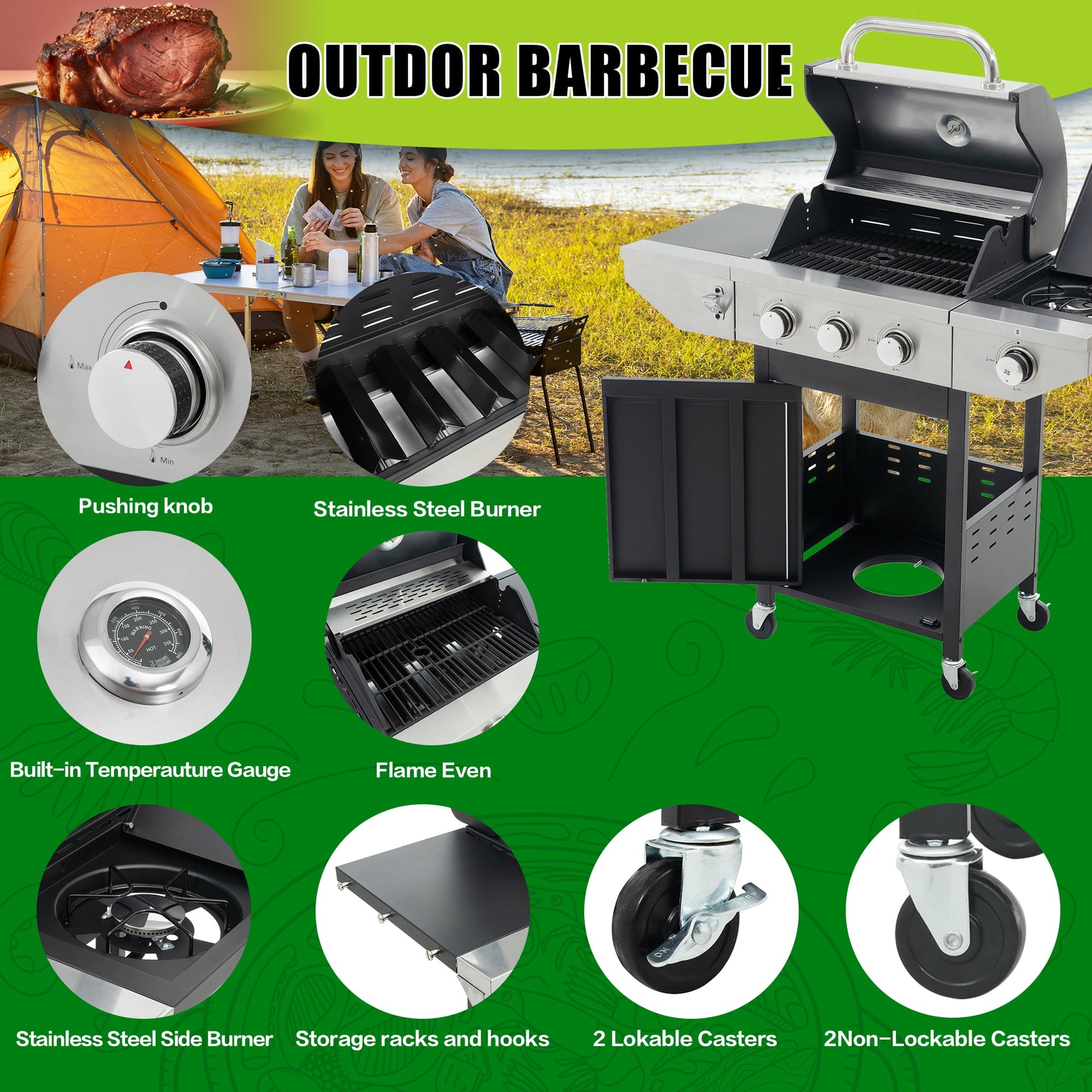 Miniyam 3-Burners Propane Gas Grill with Side Burner & Thermometer, 33950 BTU Output Stainless Steel Grill for Outdoor BBQ and Camping, Patio Backyard Barbecue